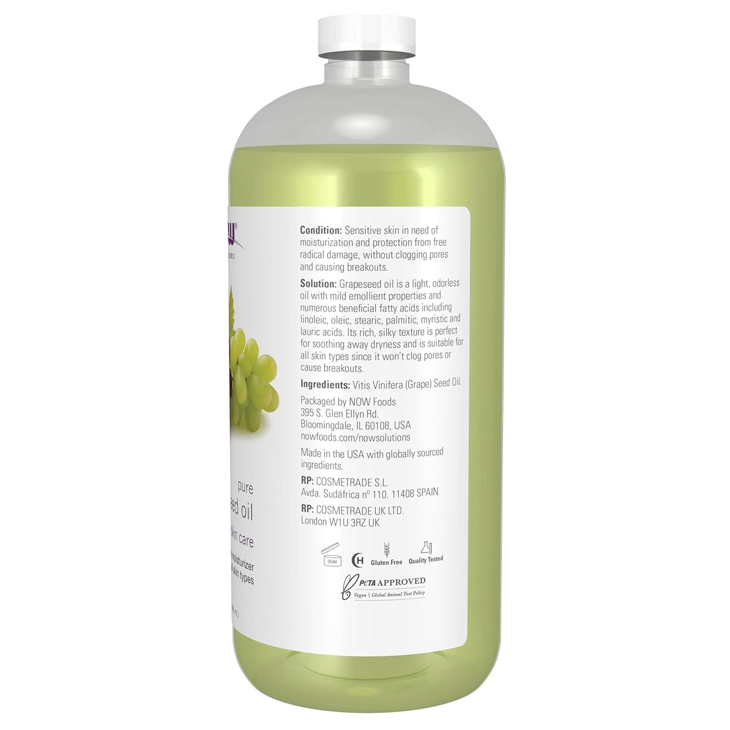 NOW Solutions, Grapeseed Oil, Skin Care for Sensitive Skin, Light Silky Moisturizer for All Skin Types, 32-Ounce