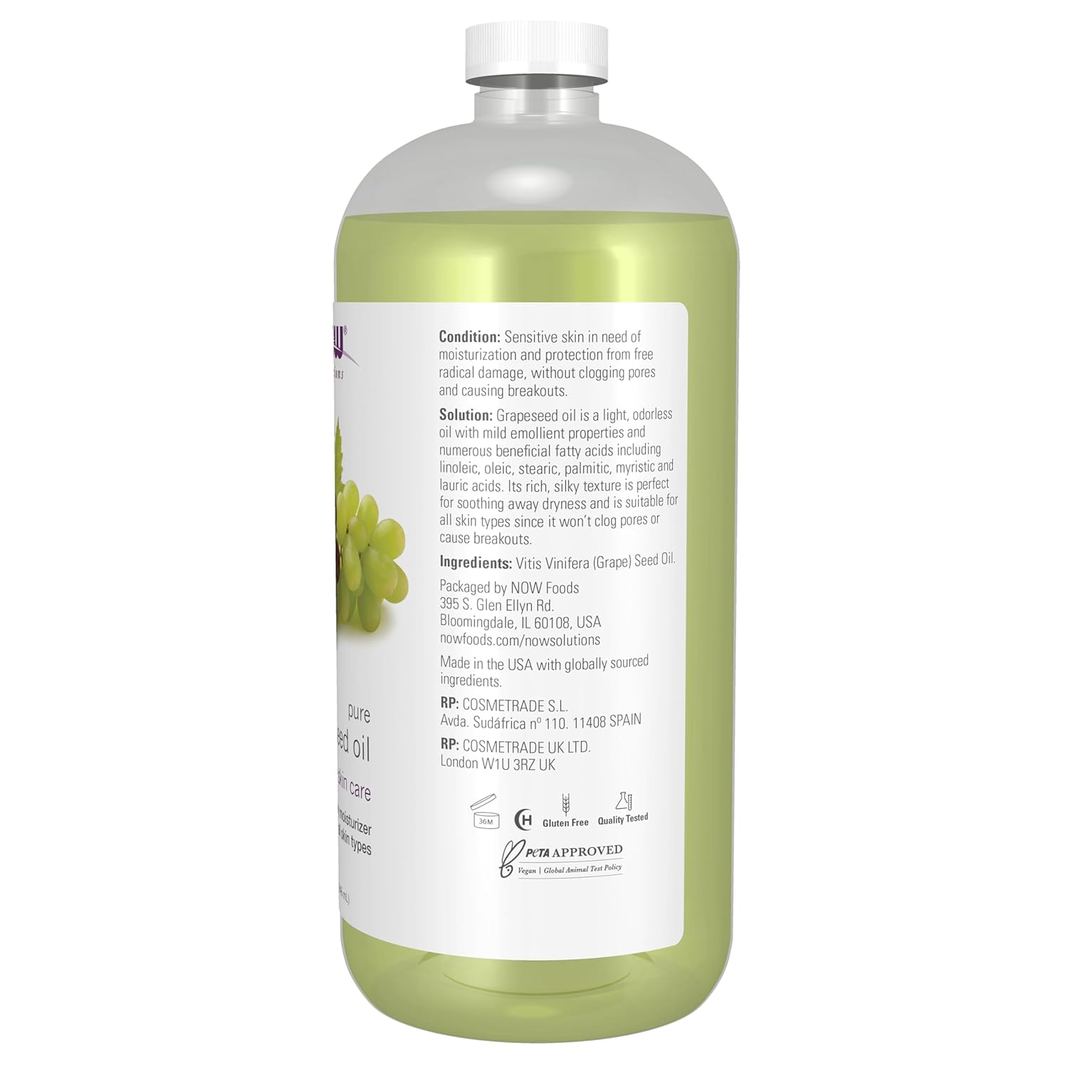 NOW Solutions, Grapeseed Oil, Skin Care for Sensitive Skin, Light Silky Moisturizer for All Skin Types, 32-Ounce