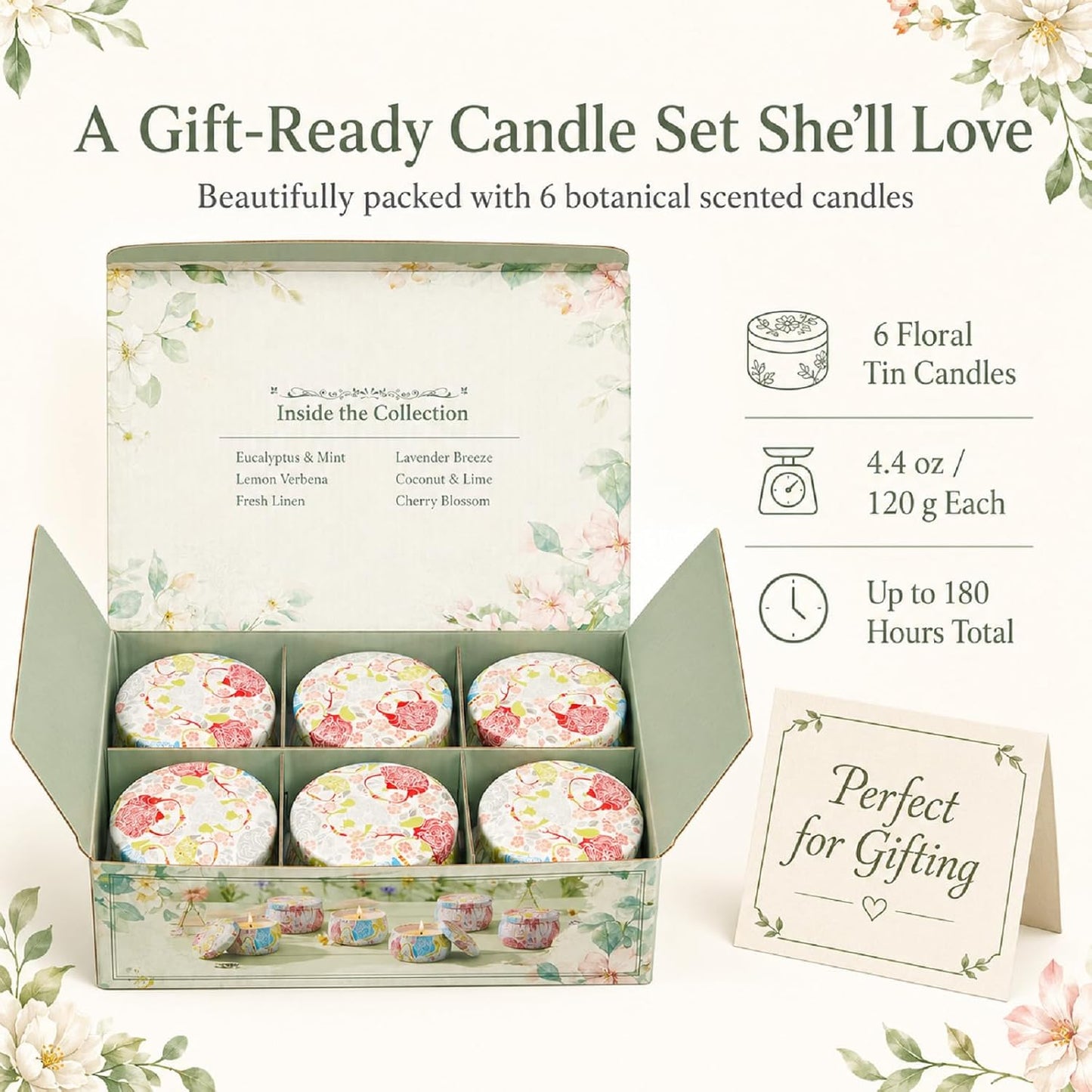 6 Pack Scented Candles Gift Set for Women, Soy Wax Tin Candles, 4 oz Each, 6 Fresh Botanical Scents, Up to 180 Hr Total Burn, Birthday Housewarming Thank You Gifts
