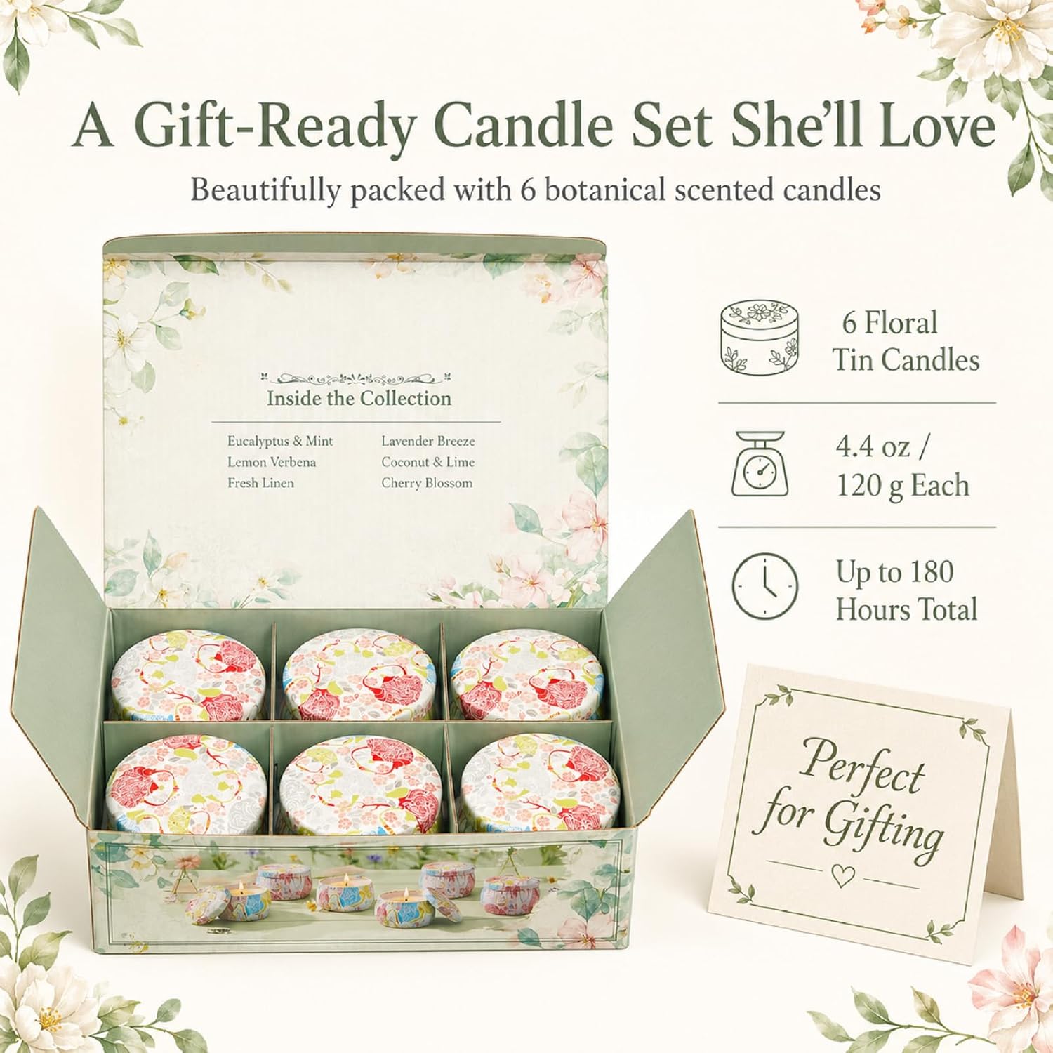 6 Pack Scented Candles Gift Set for Women, Soy Wax Tin Candles, 4 oz Each, 6 Fresh Botanical Scents, Up to 180 Hr Total Burn, Birthday Housewarming Thank You Gifts