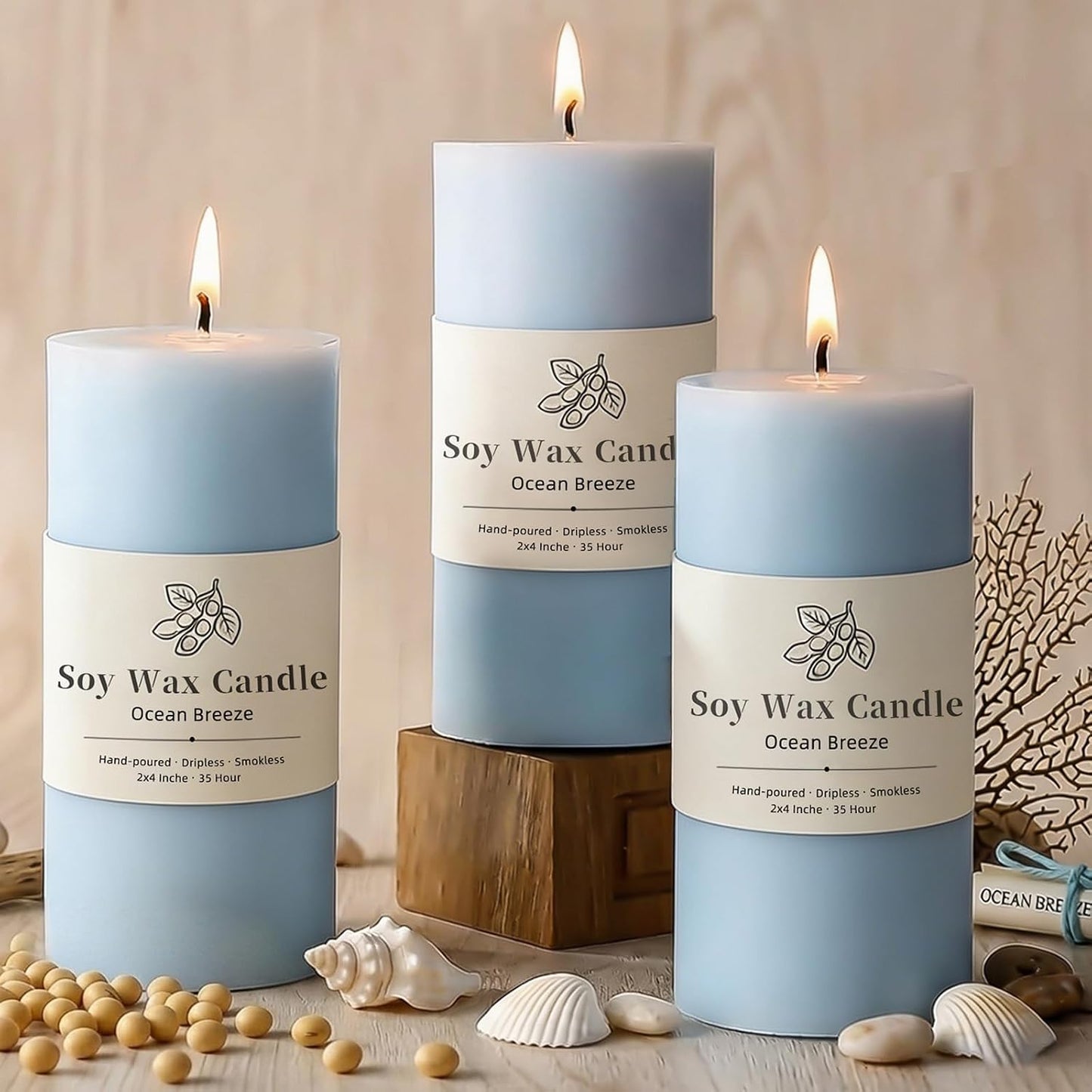 Blue Ocean Scented Pillar Candles, 3 Pack Soy Wax Pillar Candles 2 x 4 Inch, 35 Hour Long Burning Decorative Candles for Home Decor, Bathroom, Spa, Relaxation and Gifts