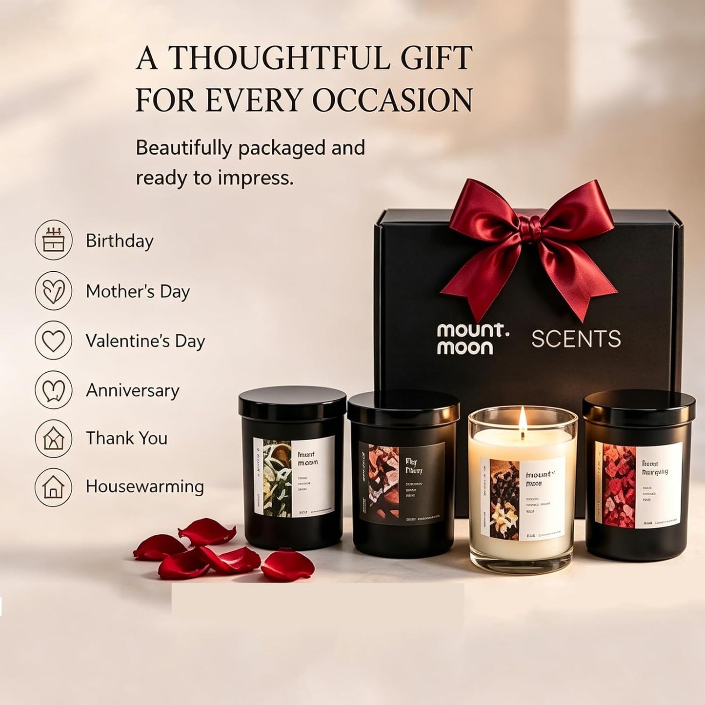 4-Pack Soy Candle Gift Set, Natural Aromatherapy Candles - Sea Salt Sage, Fig Fir, Lavender Eucalyptus, Velvet Rose, 5oz Each 150 Hour, Aromatherapy Candle Gift Set for Home, Relaxation & Spa