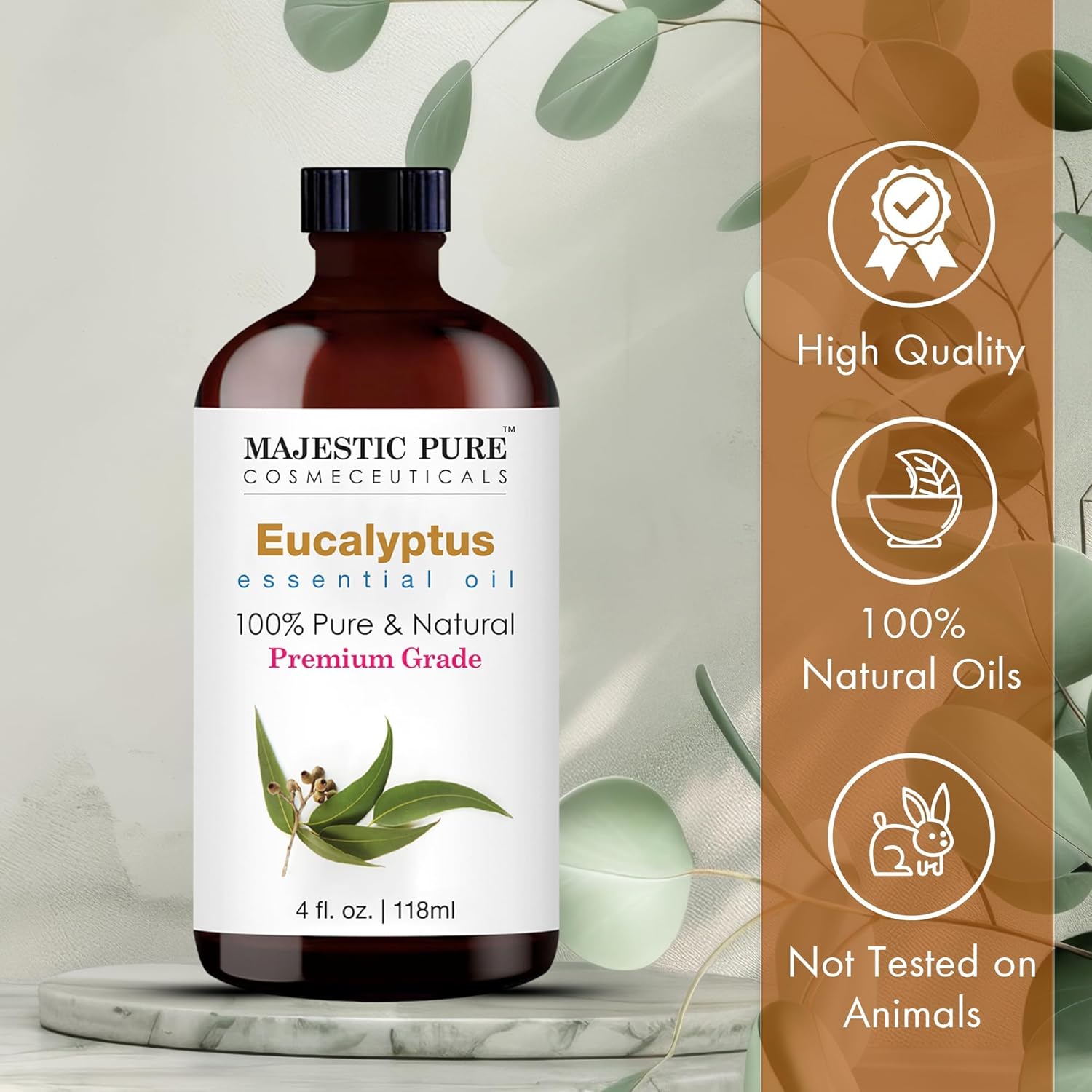 Majestic Pure Essential Oil with Glass Dropper - 100% Pure and Natural - Essential Oils for Diffuser, Aromatherapy, Soap and Candle Making, Eucalyptus Essential Oil, Eucalyptus Oil, 4 Fl Oz