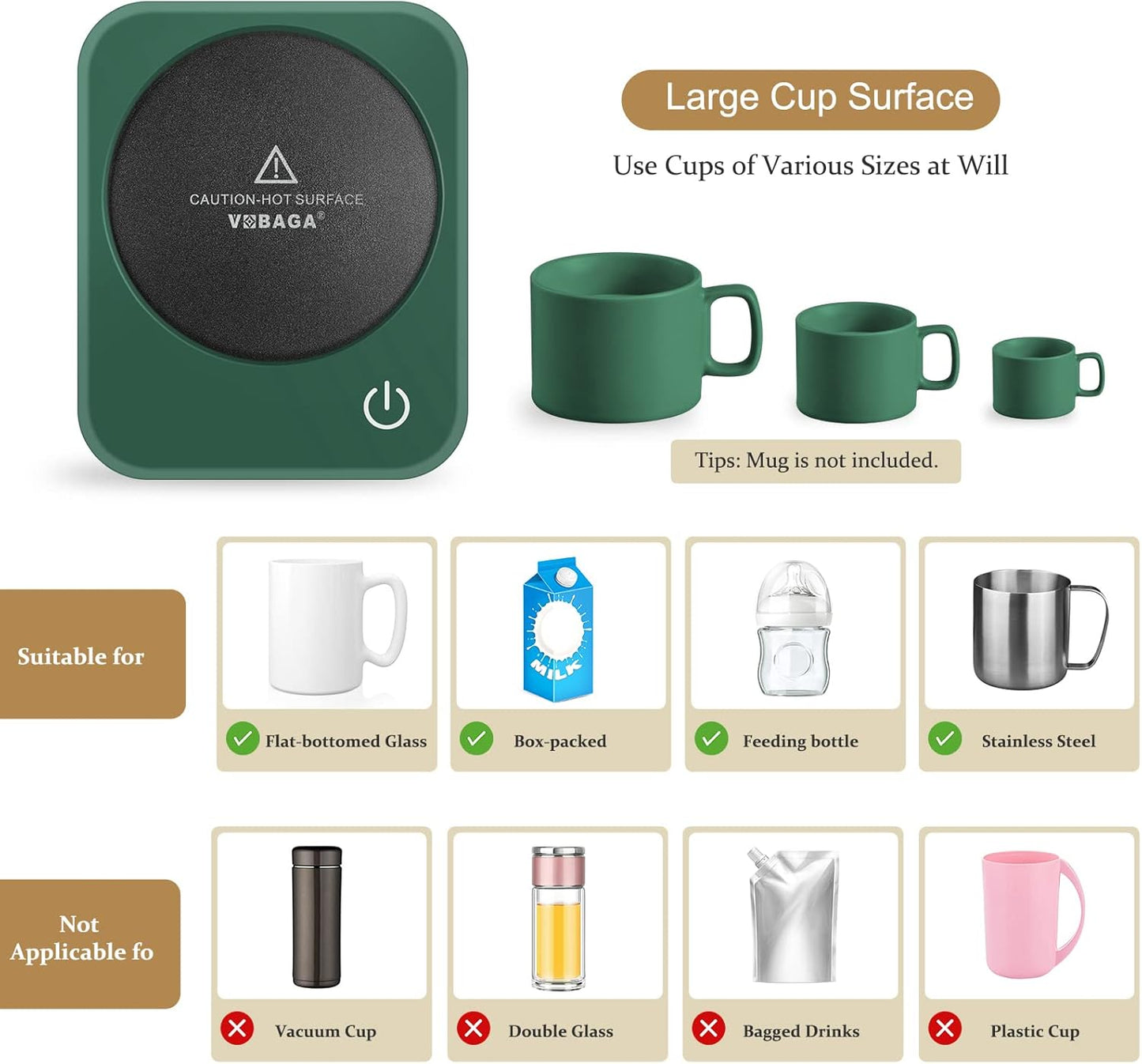 VOBAGA Coffee Mug Warmer for Desk with Auto Shut Off & 3-Temp Settings, Coffee Cup Warmer with Smart Safety Alert Home Office Accessory, Perfect for Coffee, Tea, Milk (No Mug)