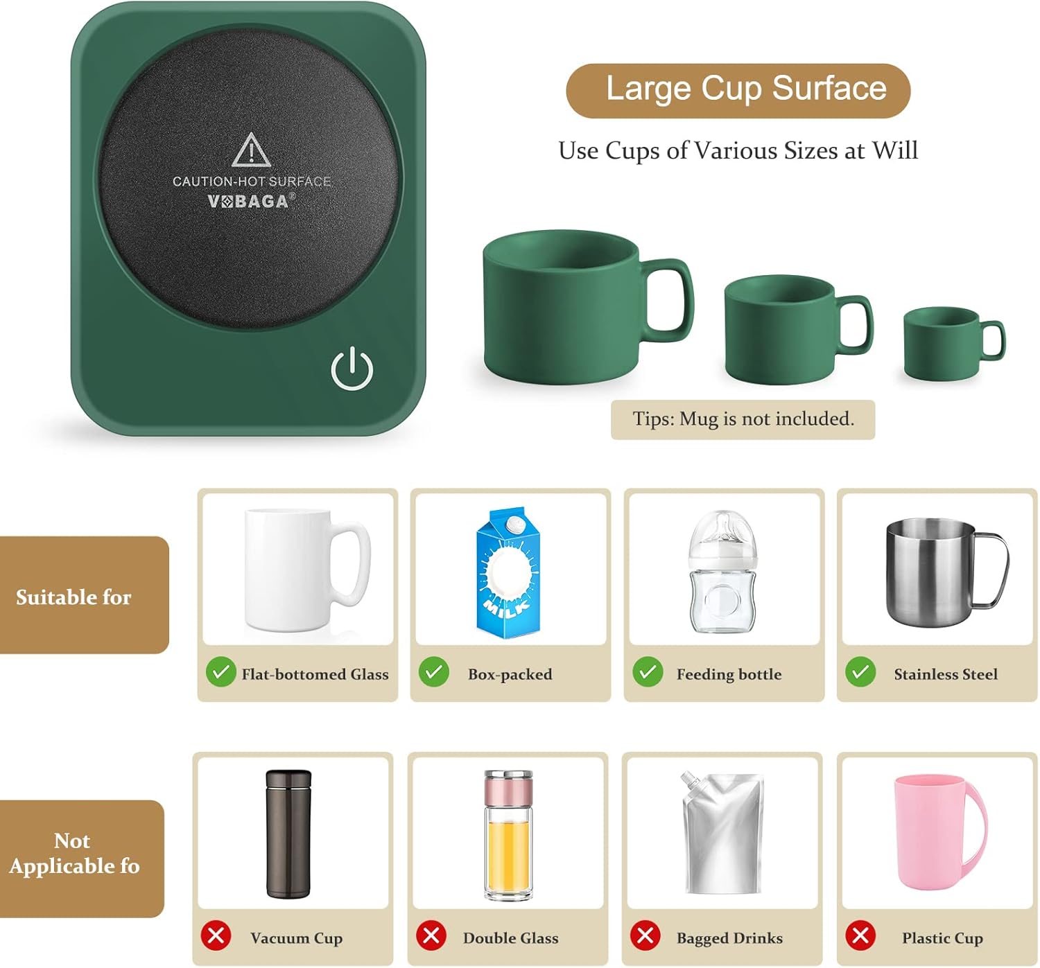 VOBAGA Coffee Mug Warmer for Desk with Auto Shut Off & 3-Temp Settings, Coffee Cup Warmer with Smart Safety Alert Home Office Accessory, Perfect for Coffee, Tea, Milk (No Mug)