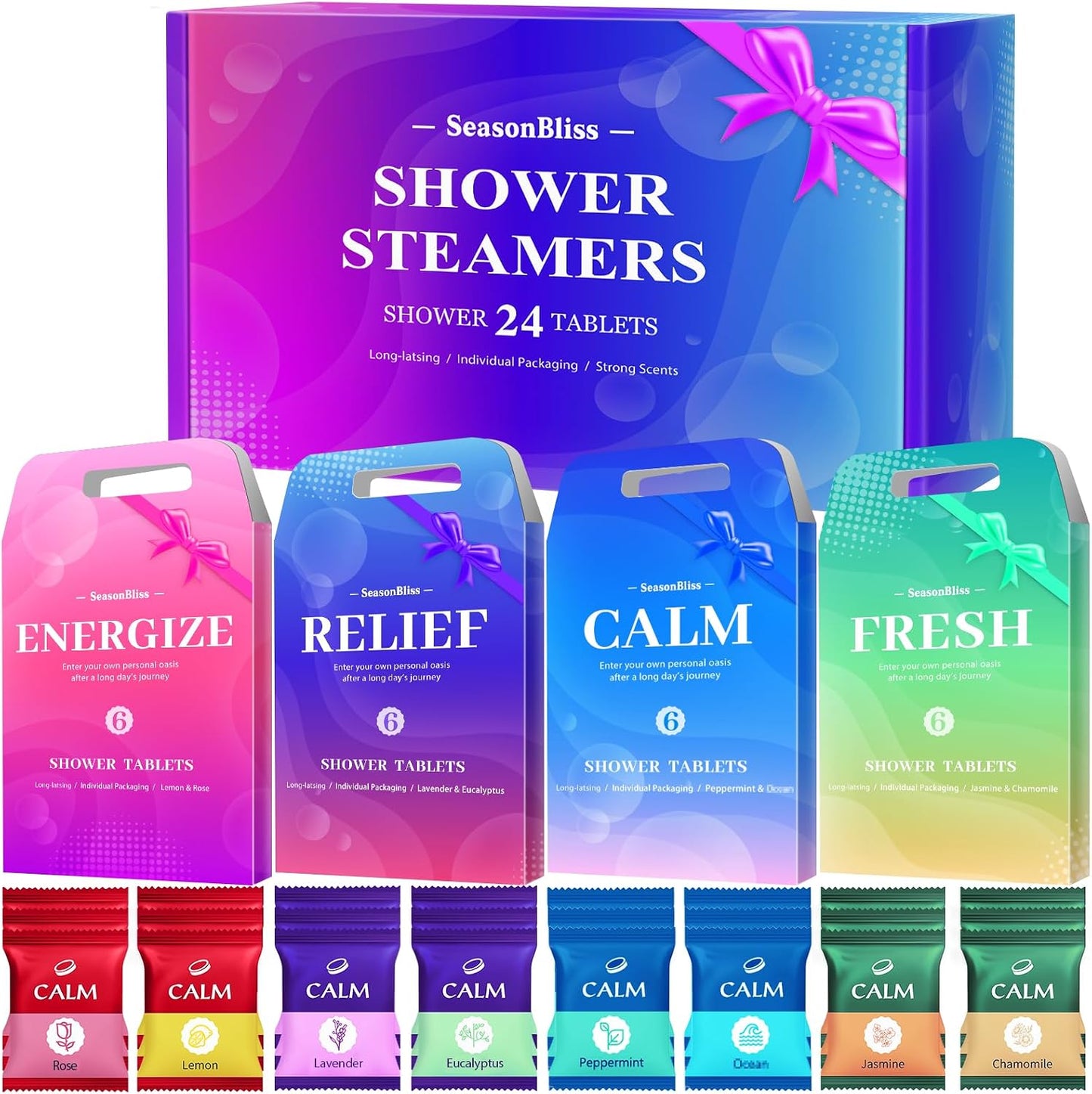 SeasonBliss Shower Steamers 24 Pack, Shower Tablets, Natural Ingredients, 8 Different Scents, Individually Wrapped Shower Steamer, Shower Steamers for Women