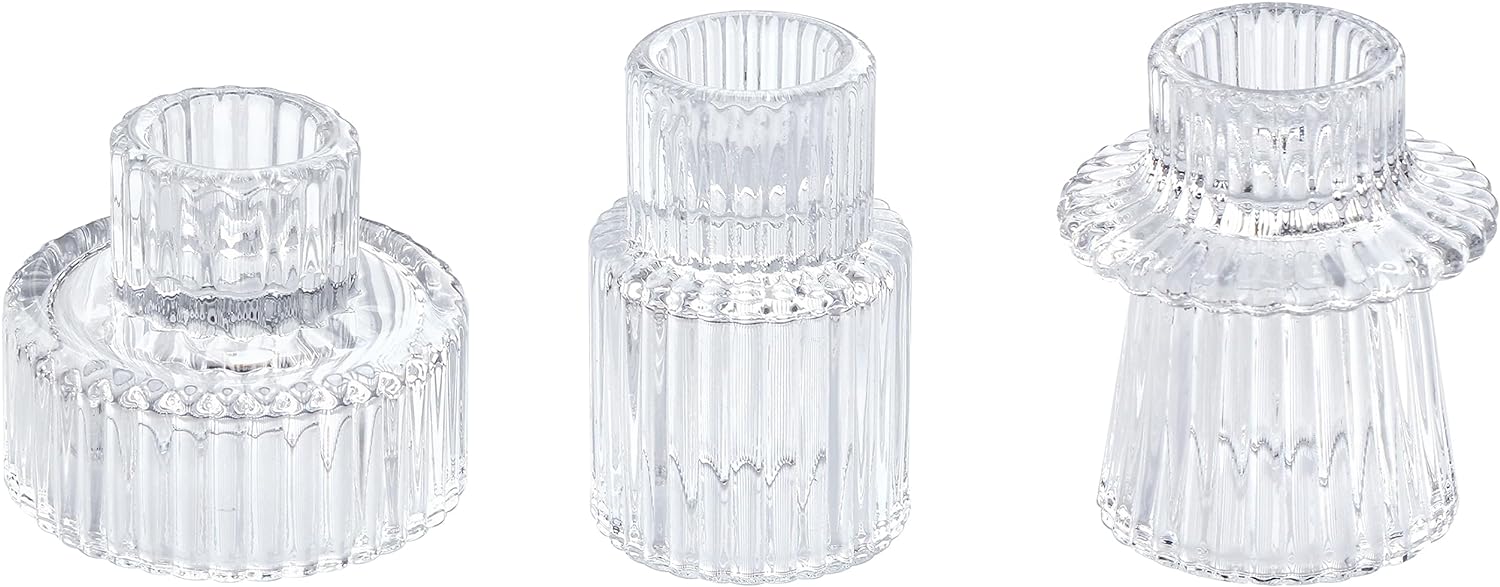 Vixdonos Glass Candlestick Holders Tealight Candle Holders for Table Centerpieces, Wedding Decor and Dinner Party (3 Pcs, Clear)
