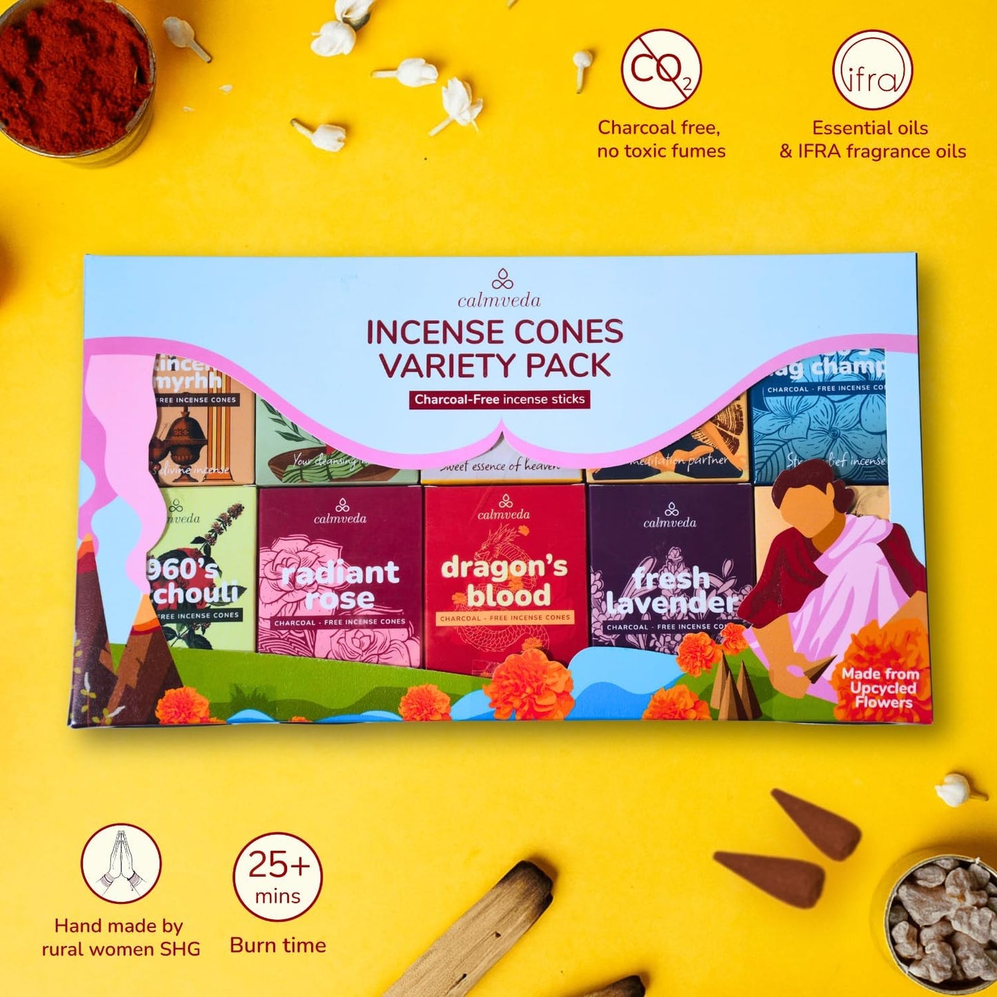 CALMVEDA Organic Incense Cones Scented - (120 Cone Incenses, 10 Variants) Clean No Charcoal Incense, Made from Upcycled Flowers | Palo Santo, Frankincense, Nag Champa Cones, etc. (with Holder)