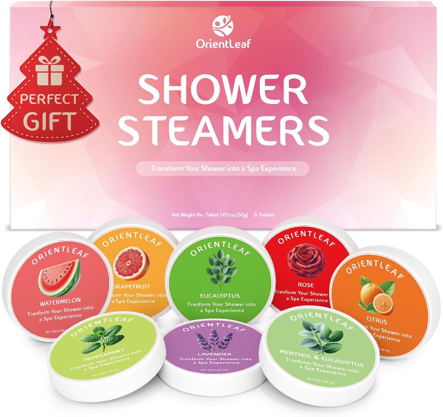 ORIENTLEAF Shower Steamers Aromatherapy, Self Care Birthday Gifts for Women, 8 Pack Mothers Day Gifts, Stocking Stuffers Christmas Gift for Mom Men Teen Girls Adults, Stress Relief Shower Bombs