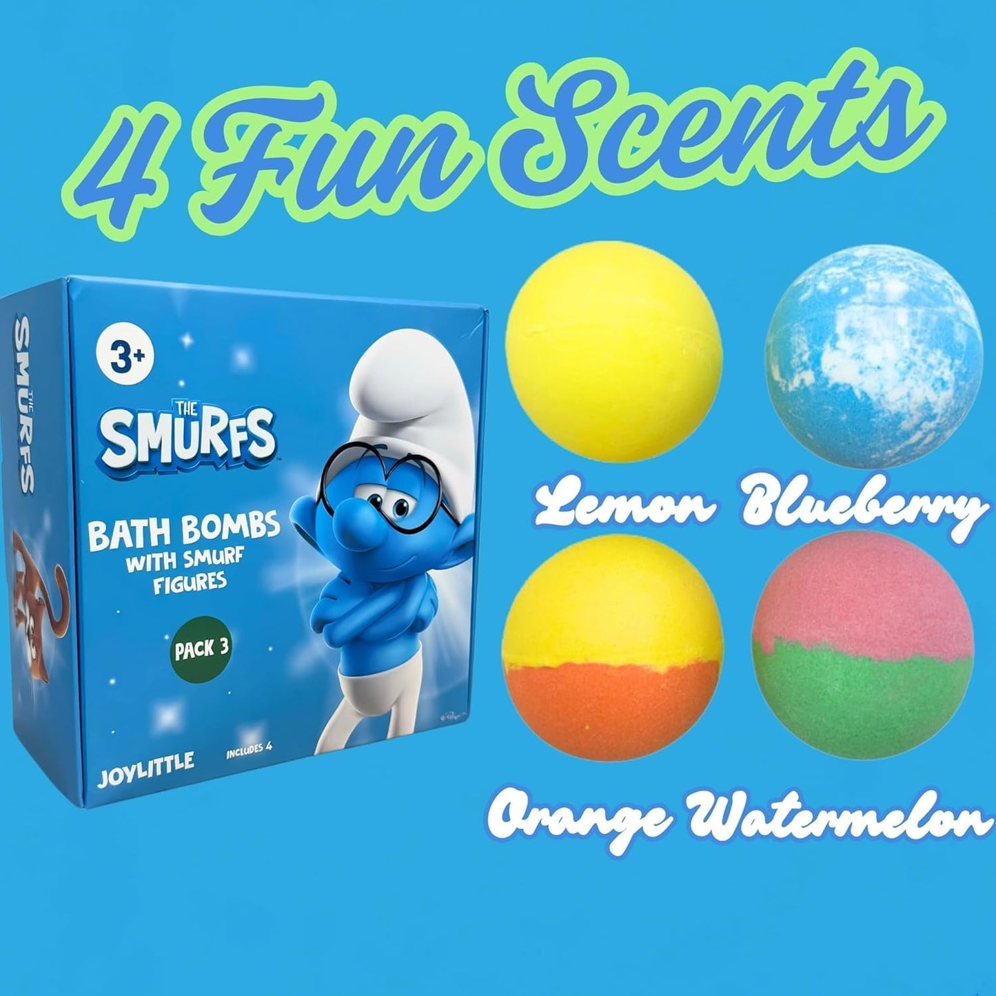 The Smurfs Bath Bombs with Action Figures-Brainy, Handy Smurf, Blossom, and Azrael (Pack 3)