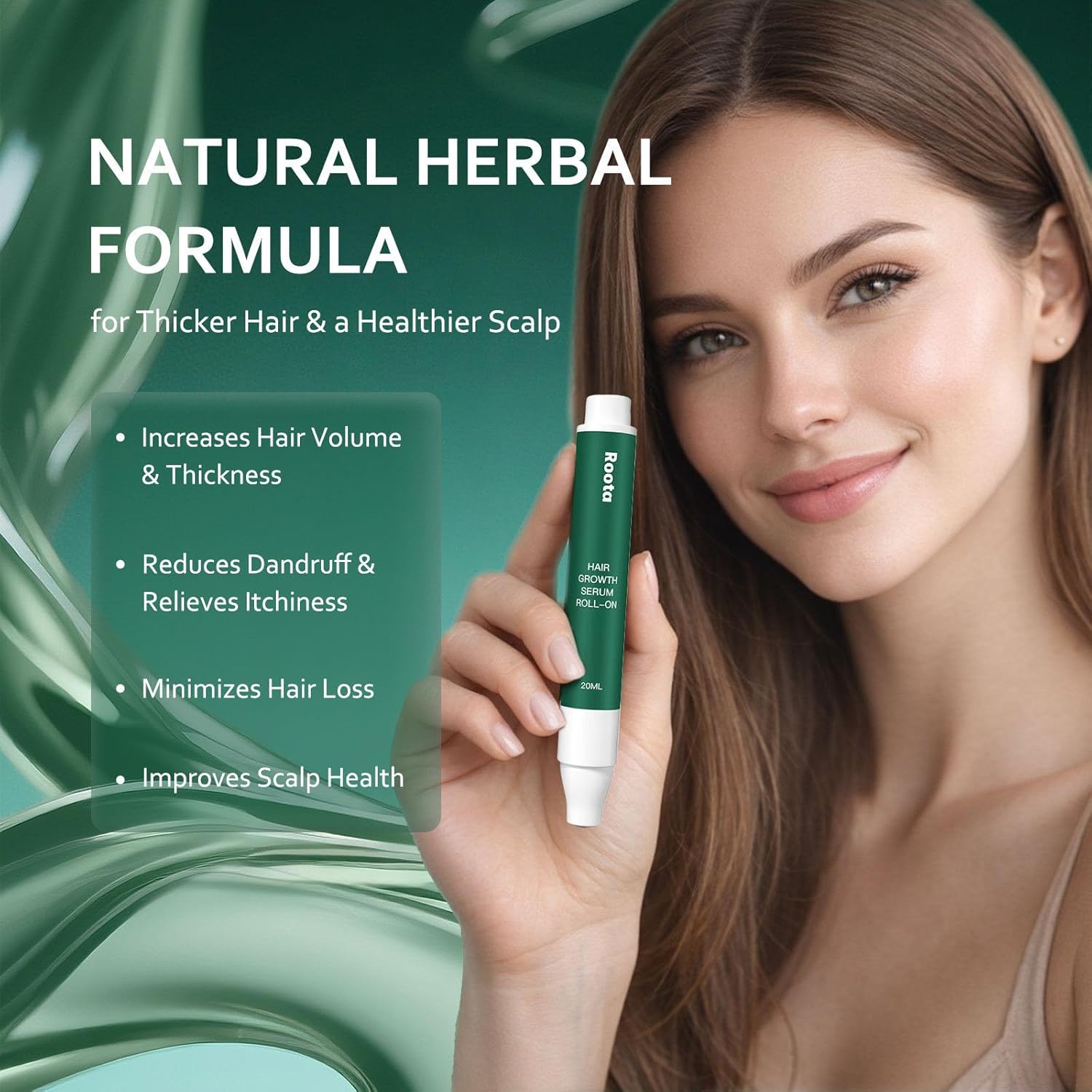 Roota Hair Growth Serum Roll-On, Hair Revival Serum Nourishes Scalp for Thicker, Healthy Hair for Men & Women 20ml/0.68 fl oz