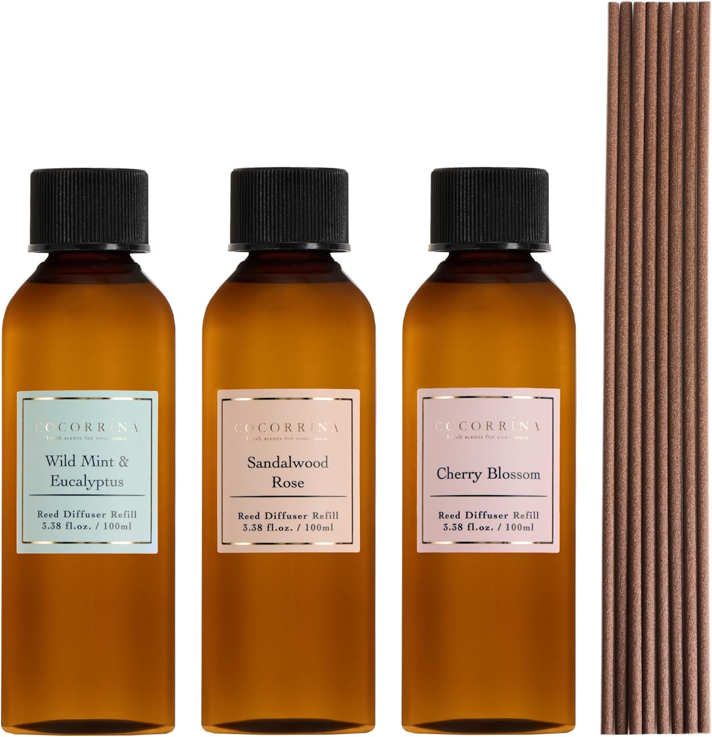 COCORRÍNA Reed Diffuser Refill Set, 10.2oz Scented Oil Refill 3 Pack, Sandalwood Rose, Cherry Blossom, Wild Mint & Eucalyptus, Long Lasting Oil Diffuser Refill with18 Sticks for Bathroom & Bedroom