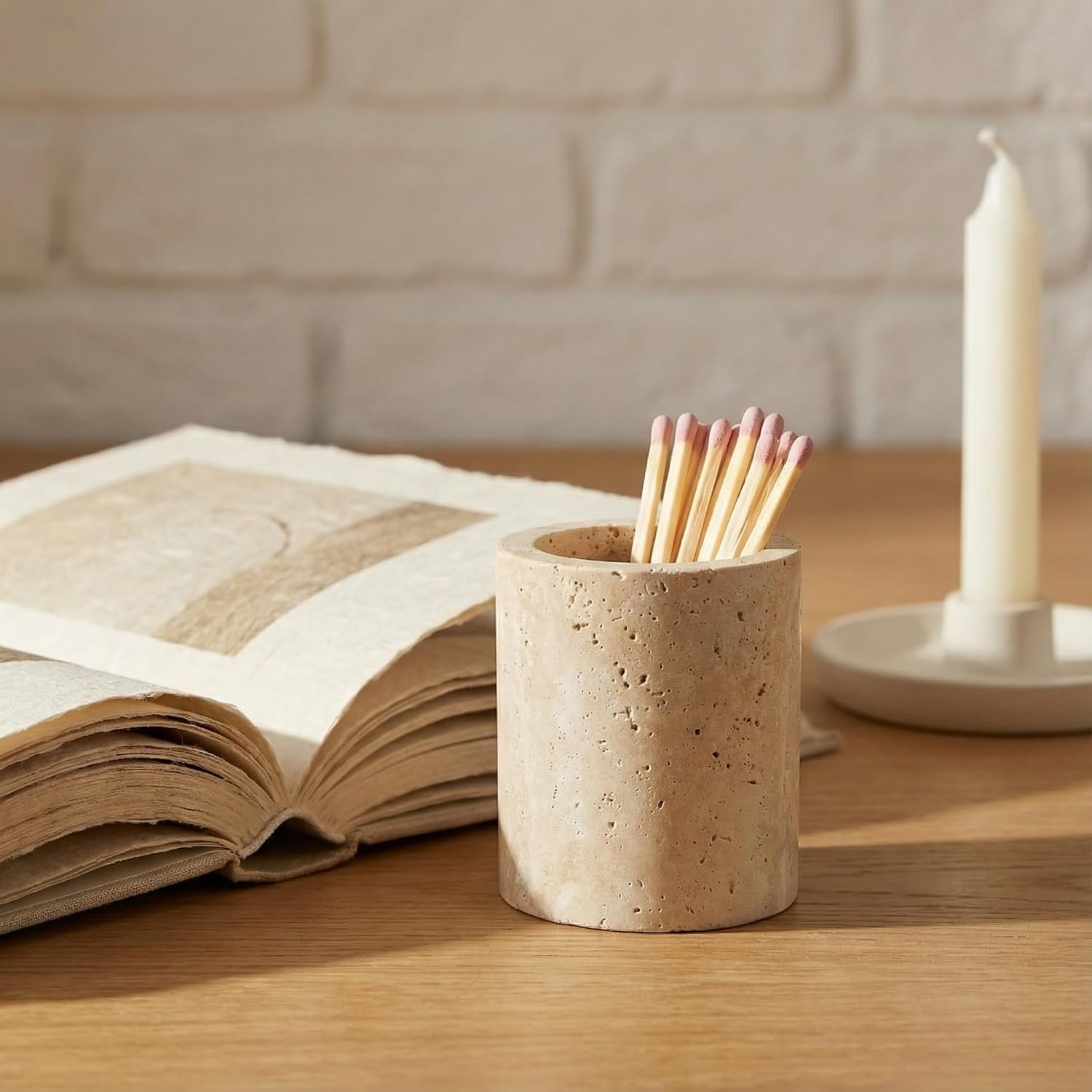 Match Holder with Striker Travertine Match Jar Decorative 2.5” x 3” Matchstick Organizer for Fireplace, Candles, Parlor Cute Match Jar for Home Decor Gift, Matches Not Included