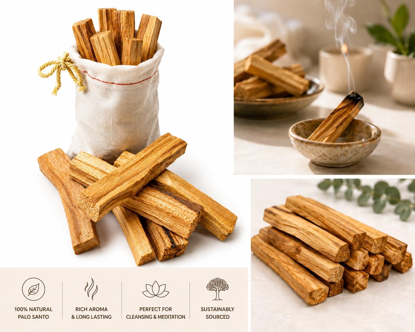 Palo Santo Sticks 100g Premium Holy Wood Incense, 4" Natural Smudging Sticks with Cotton Bag for Cleansing, Meditation & Relaxation