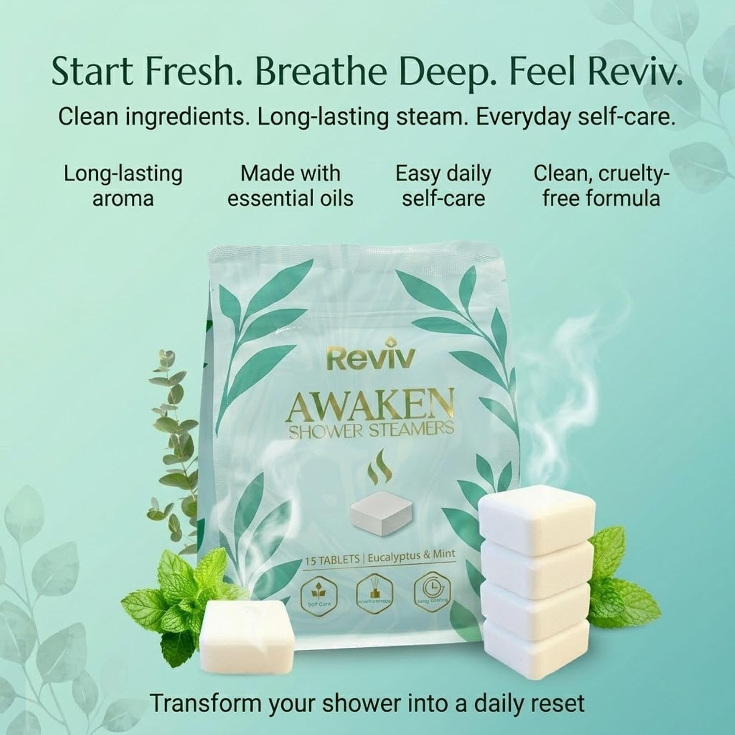 REVIV Shower Steamers Aromatherapy – 15pc Eucalyptus & Mint Shower Bombs