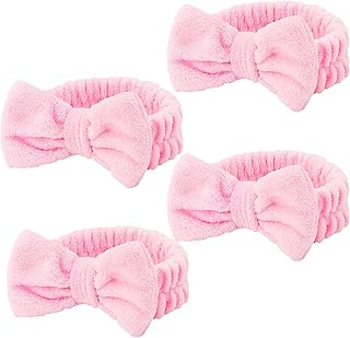 Casoty 4 Pcs Pink Spa Makeup Skincare Headband for Washing Face, Coral Fleece Face Wash Skin Care Headband, Spa Party Supplies for Women Girls