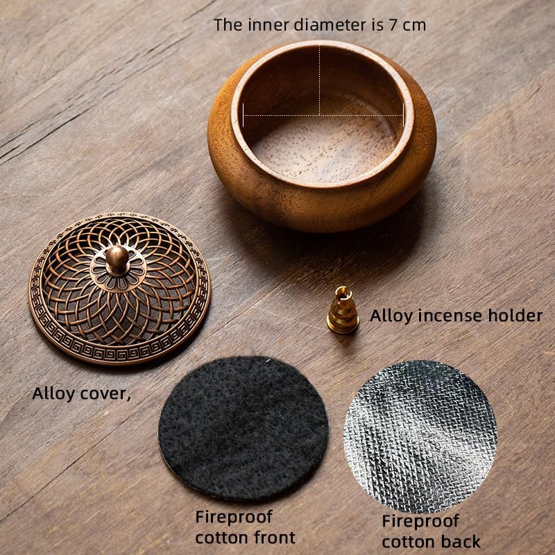 Round Incense Burner - Handcrafted Wooden Censer with Alloy Lid for Sticks/Cones/Sage, Natural Wood Aroma Tray Holder for Yoga Meditation