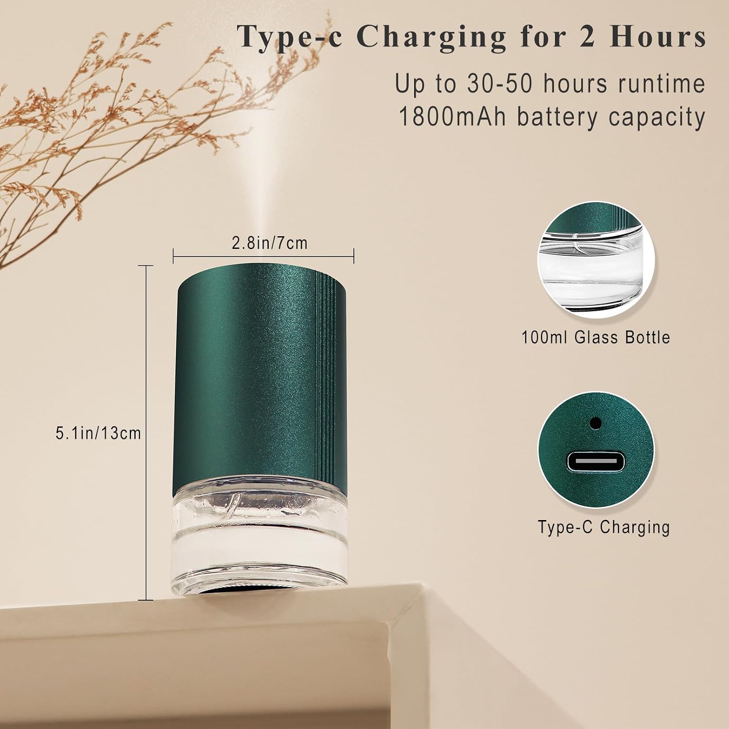 Christmas Essential Oil Diffuser, Waterless Scent Diffusers for Home Large Room, Rechargeable Atomizing Humidifier with 7-Color Night Light, Ultrasonic Air Freshener Machine (Green)