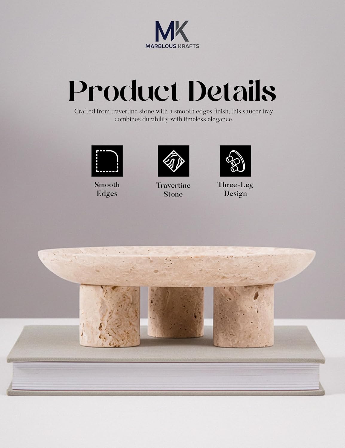 Marblous Krafts Travertine Decorative Tray 8 Inch Handmade Natural Stone Vanity Tray, Candle Holder Display, Perfume Tray Organizer, Jewelry Dish & Coffee Table Decor for Modern Home