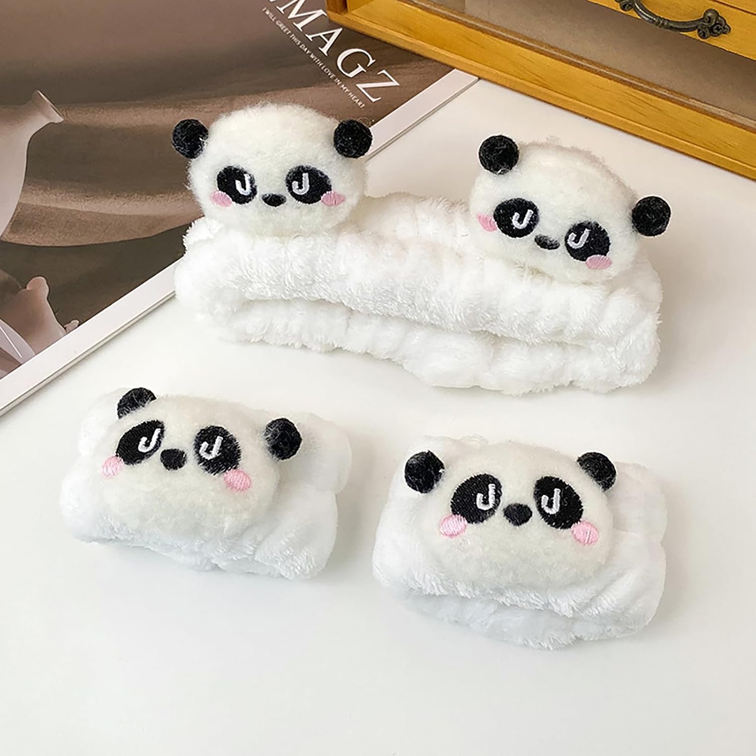 6PCS Cute Cat Ears Spa Headband for Washing Face Makeup Skincare Headband with Wrist Bands, Sleepover Party Supplies for Women/Teen Girl Trendy Stuff Present (6PCS Panda, standard size)