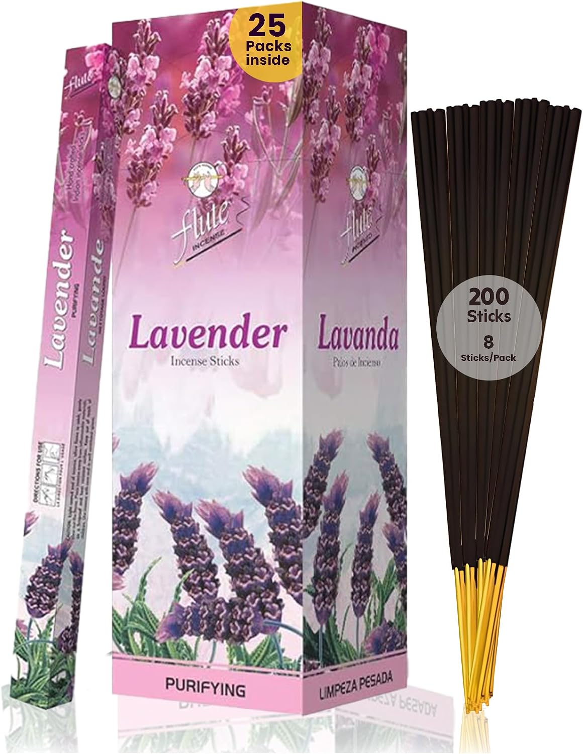 Flute Lavender Incense Sticks – Calming Natural Lavender Aroma for Relaxation, Better Sleep & Peaceful Home Ambience – 8 Sticks/Pack, 25 Packs/Box(9 inch - 200 Sticks) | 40 Minutes Burn Time