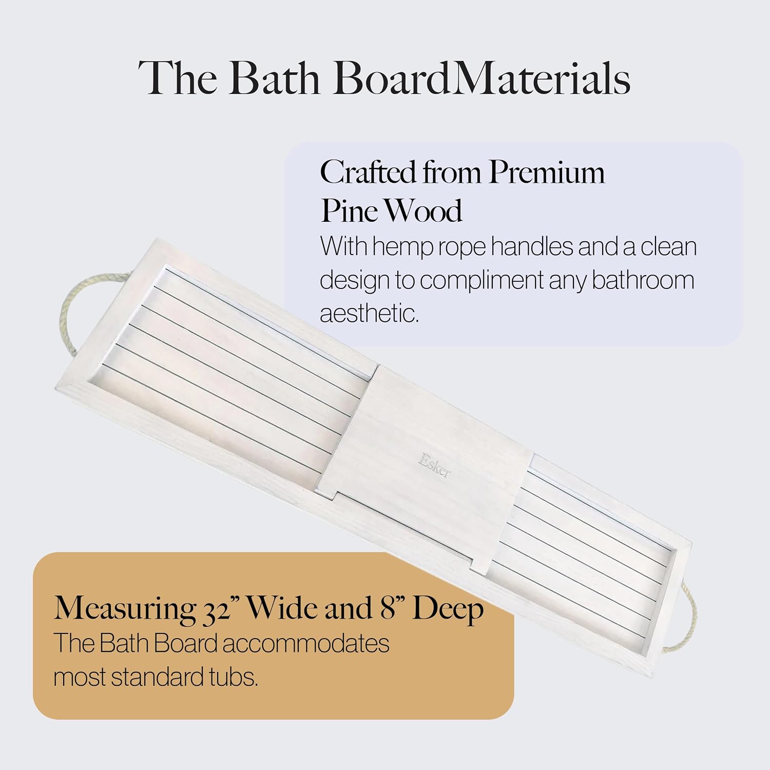 Esker Bathtub Tray, Premium Pine Wood Bath Board with Hemp Rope Handles; 32” Wide with Built in flip-up Mirror for applying Make-up, Masks or Scrubs; Must Have Bath Accessory Tray Caddy.