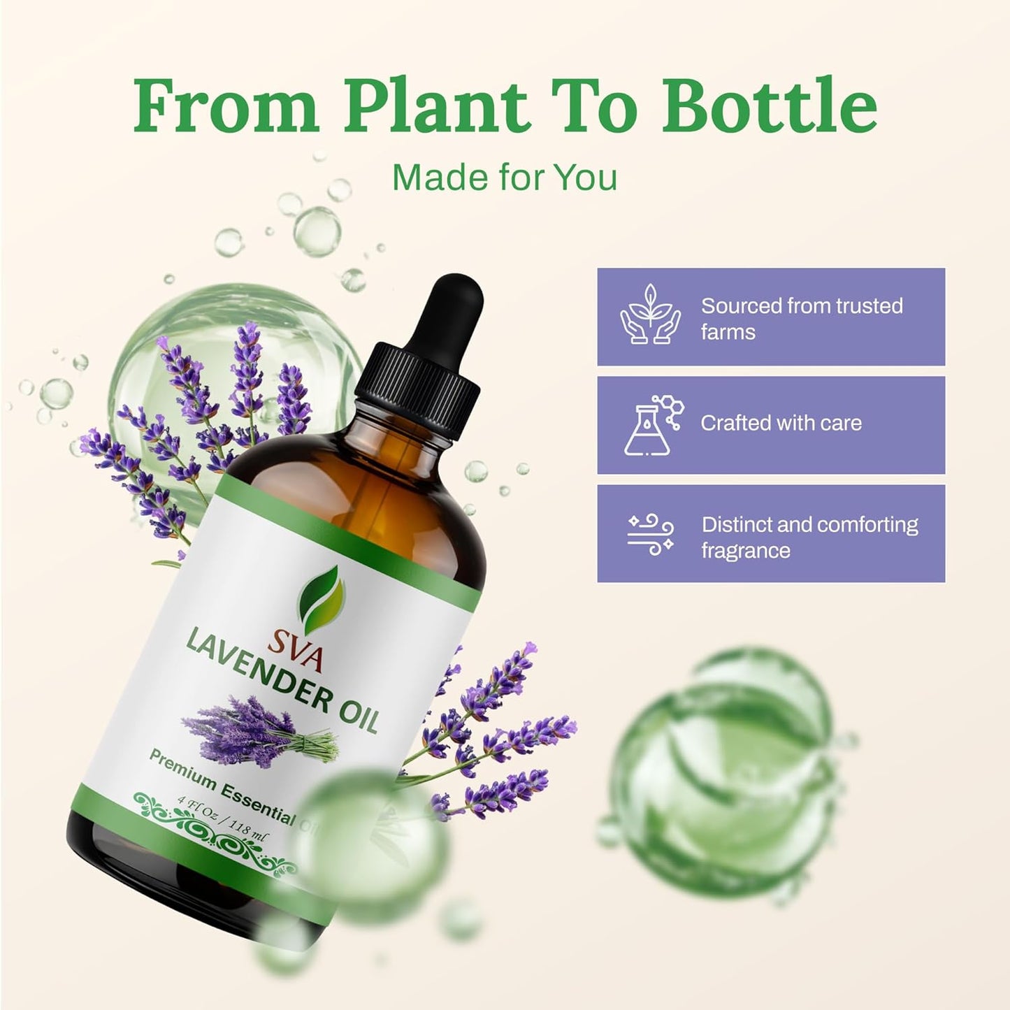 SVA Lavender Essential Oil 4 Fl Oz – for Aromatherapy, Diffuser, Skin & Hair Care – Ideal for Massage & DIY Blends – with Dropper