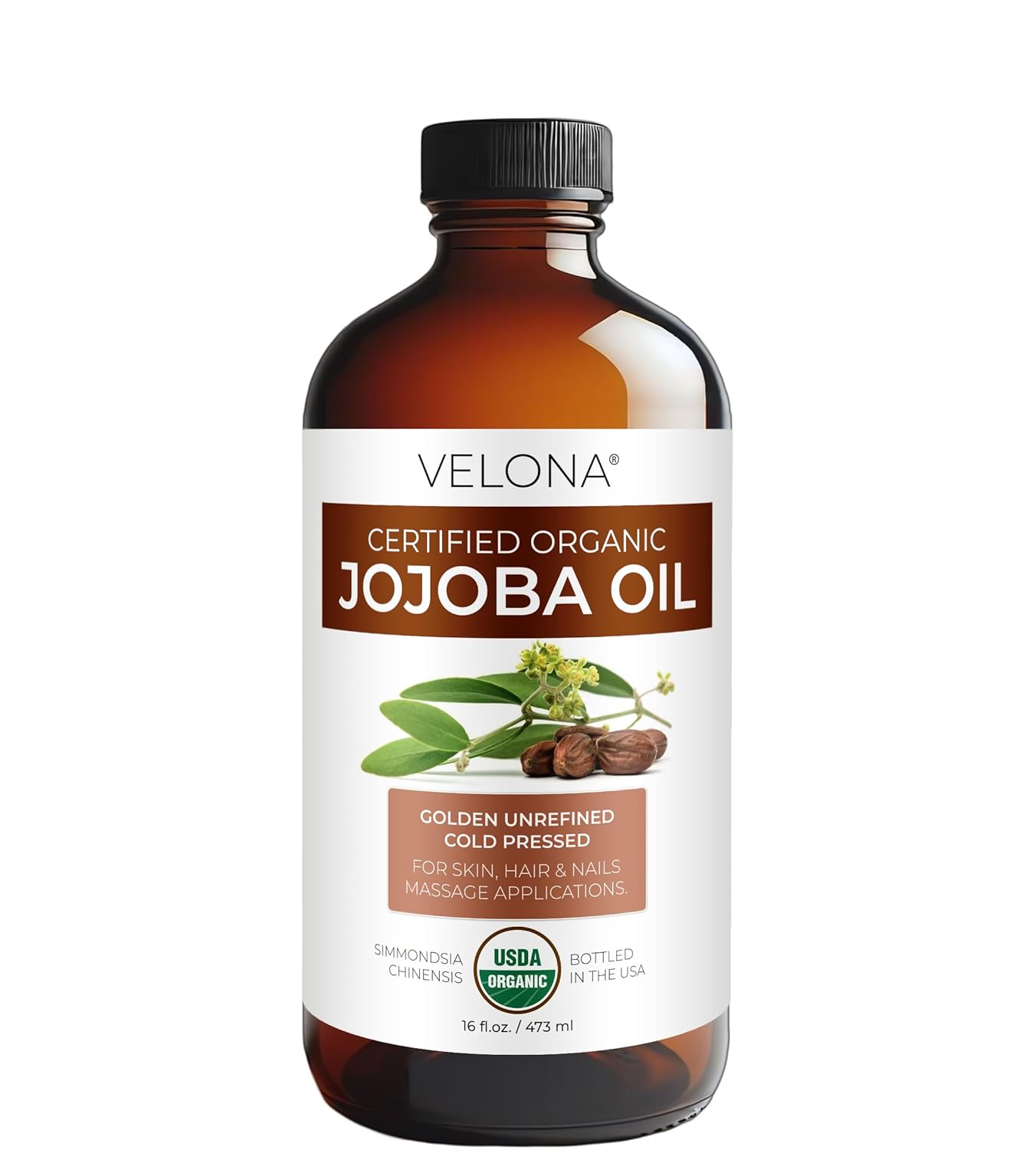 velona Jojoba Oil USDA Certified Organic - 16 Fl Oz in Glass Bottle | 100% Pure and Natural | Golden, Unrefined, Cold Pressed, Hexane Free | Moisturizing Face, Hair, Body, Skin Care