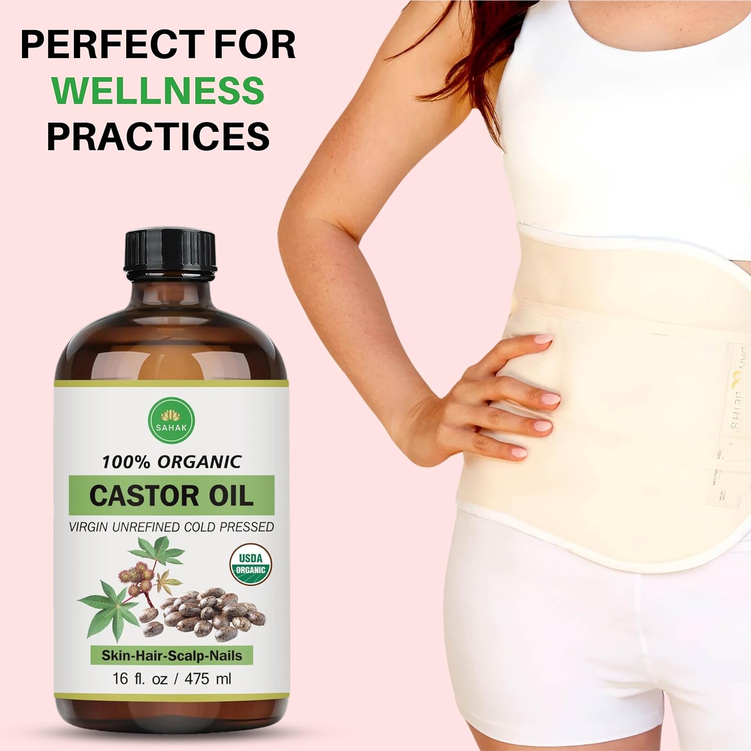 Extra Virgin USDA 100% Organic Castor Oil for Hair, Brows, Lashes & Skin – Cold-Pressed, Hexane-Free, Mess-Free Pump in 16oz Glass Bottle