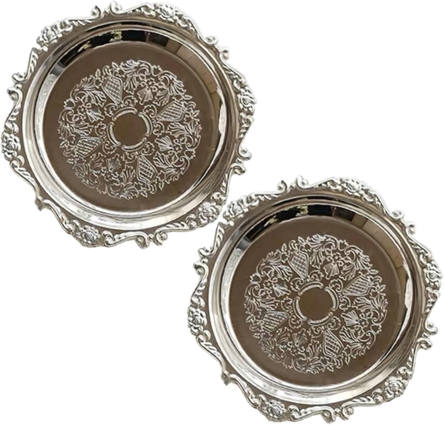 Candle Plate Candle Tray 2PCS 3.9 Inch in Dia Metal Candle Plate with Engraving Decorative Border Round Coffee Table Tray Silver Candle Holder for Christmas Wedding Party Table Decor