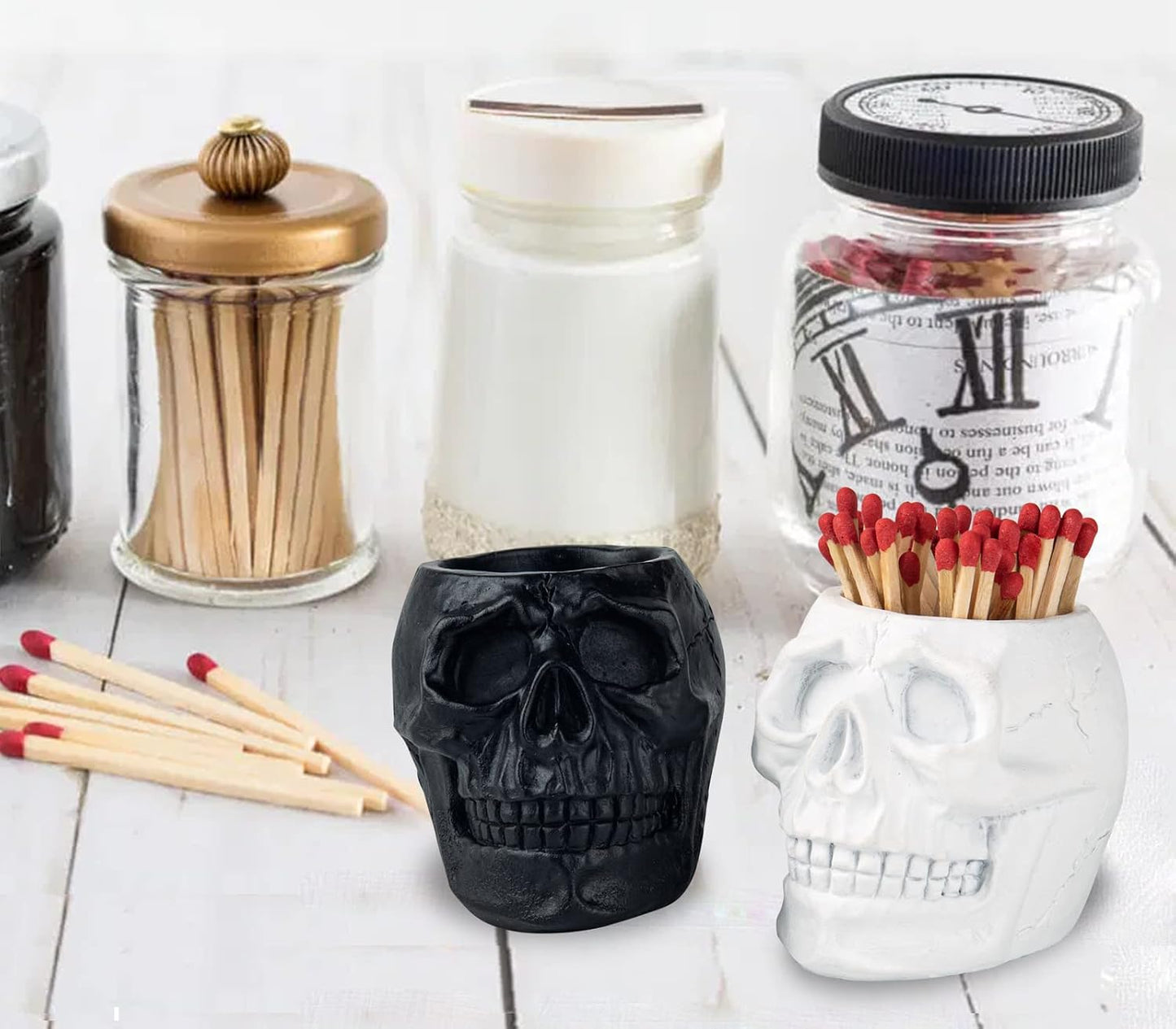 dgudgu Match Holder With Striker White and Black Skull Match Cloche Matches In A Jar With Striker Match Striker Jar Matches Decorative For Men Gift Boy Friend Gift