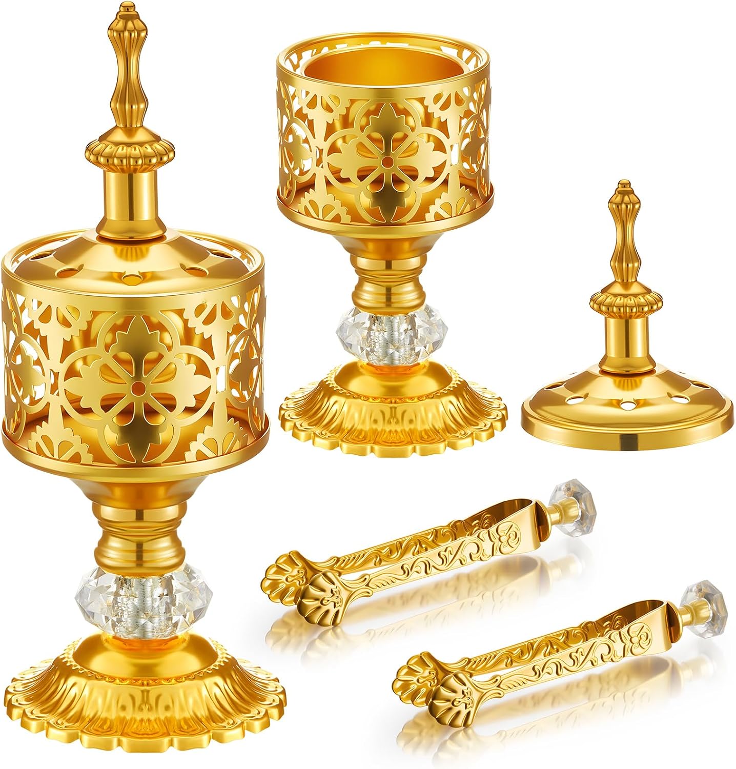 Zonon 2 Sets Incense Burner with Tong, Frankincense Charcoal Incense Stand Holder, Ideal for Yoga, Spa, Aromatherapy, Home and Christian Church Censer (Gold,Vintage)