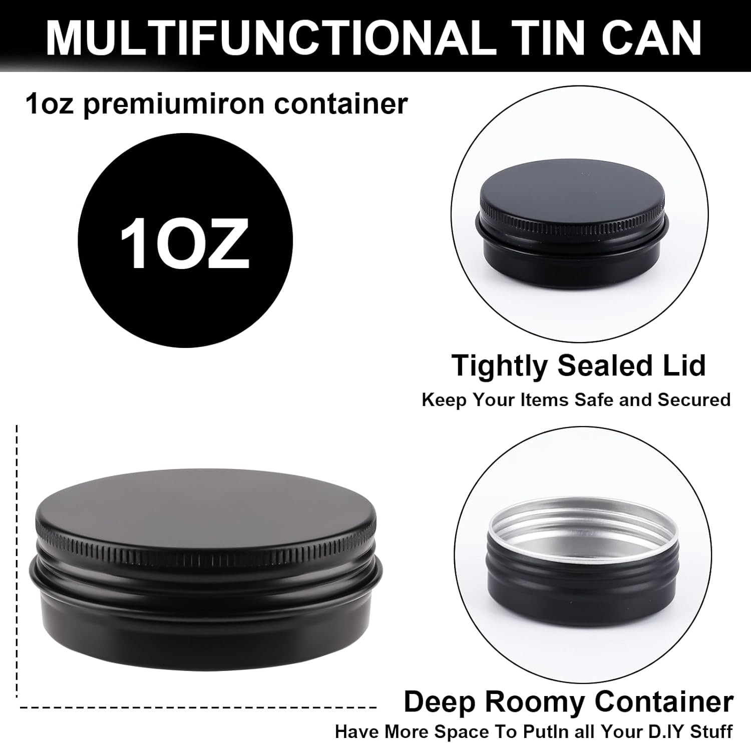 OBKJJ 102 Pack Round Cans with Screw Lid 1 OZ Aluminum Metal Tins,for DIY homemade lotion bars, salves, and candles, Balms, Spices, Beard Balm, Crafts with 4 Markers 5 Sheets Label Stickers (Blcak)