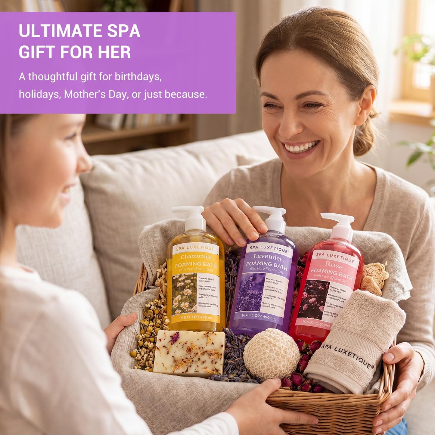 Spa Luxetique Bubble Bath, Foaming Bath with Epsom Salt, Chamomile Rose and Lavender Scent Bathing Set, 3 Pack 49.8 fl oz Mothers Day Gifts Set for Women and Men