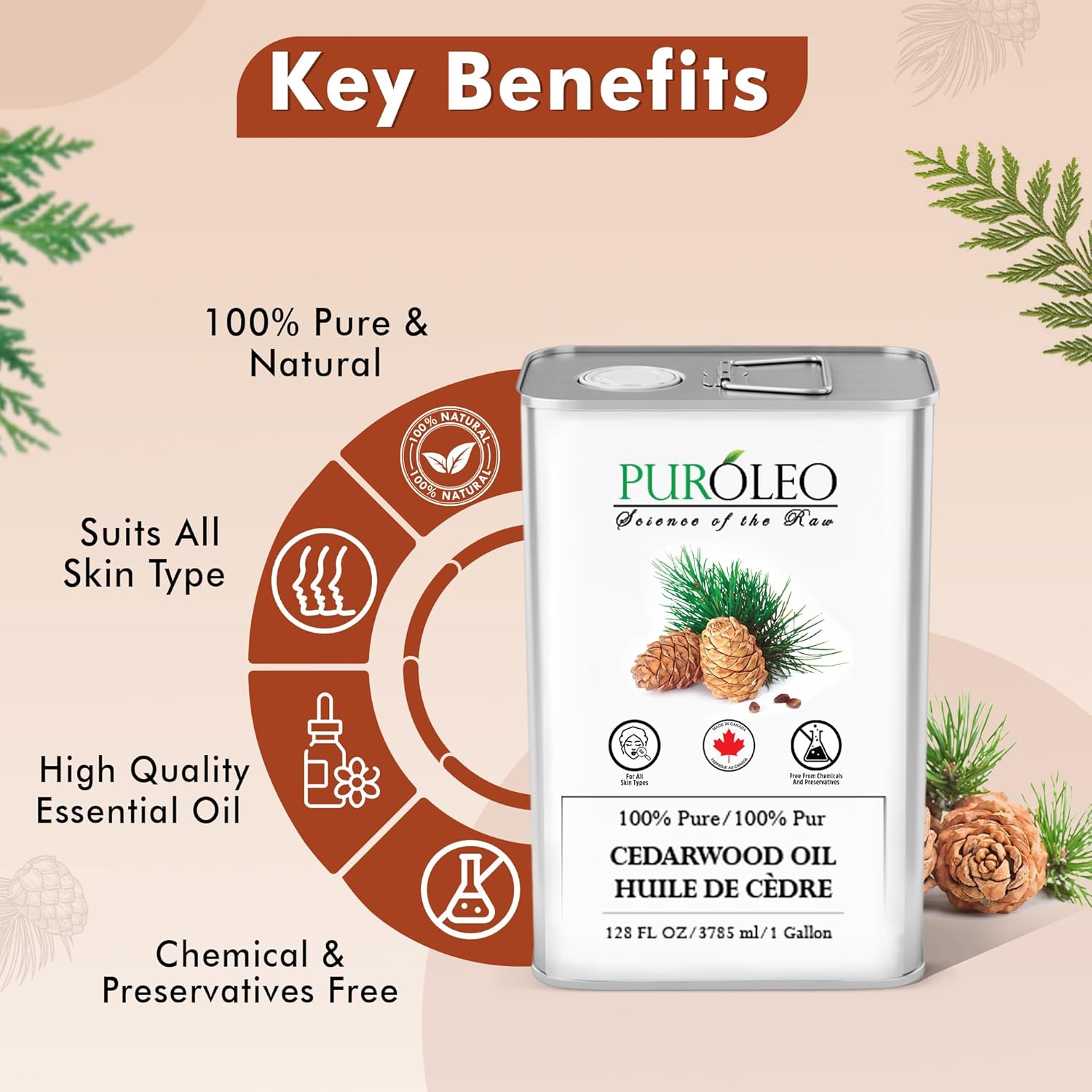 PUROLEO Cedarwood Essential Oil 128 Fl Oz/3785 ML (Packed in Canada) 100% Pure & Natural Cedarwood Oil for Aromatherapy, Relaxation, and Skin Care - Cedarwood Oil for Diffuser