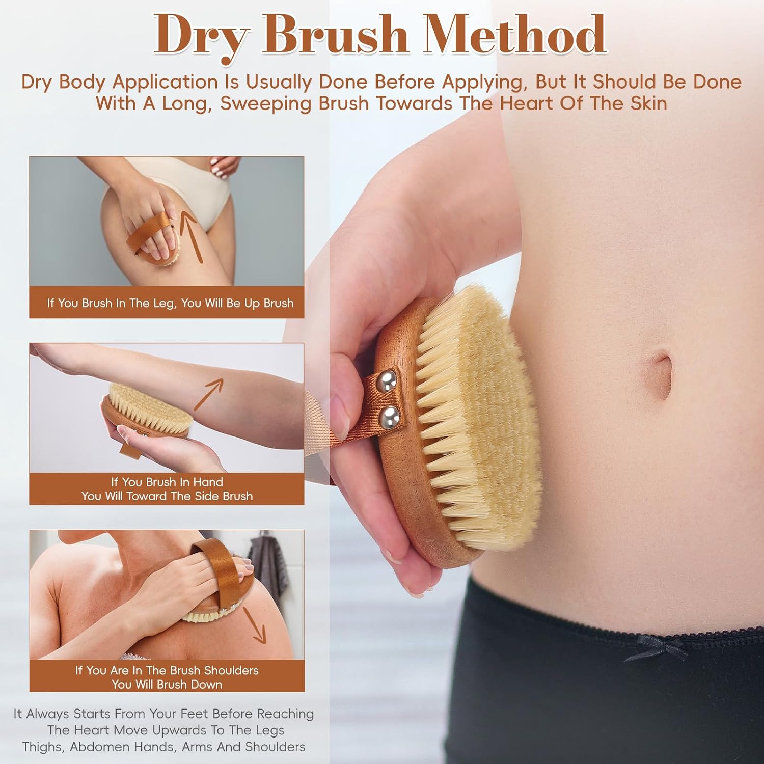 DEBETOOL Dry Brushing Body Brush - Natural Boar Bristle Dry Body Brush for Lymphatic Drainage, Cellulite, Blood（Medium Hardness）