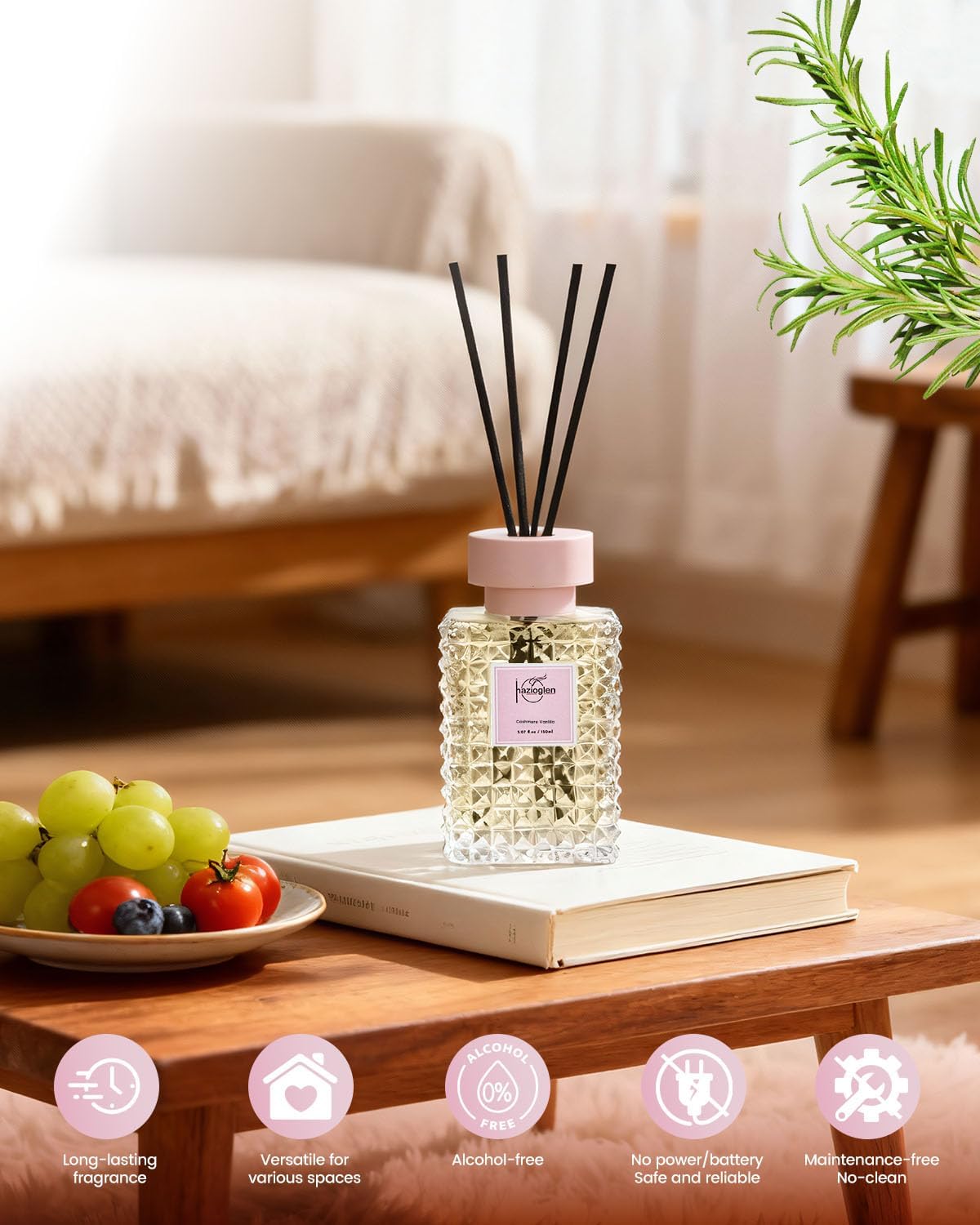 Reed Diffuser Set, Cashmere Vanilla Scented Home Fragrance Air Freshener for Bathroom Shelf Decor, 5.07 fl oz/150ml Essential Oil with Sticks