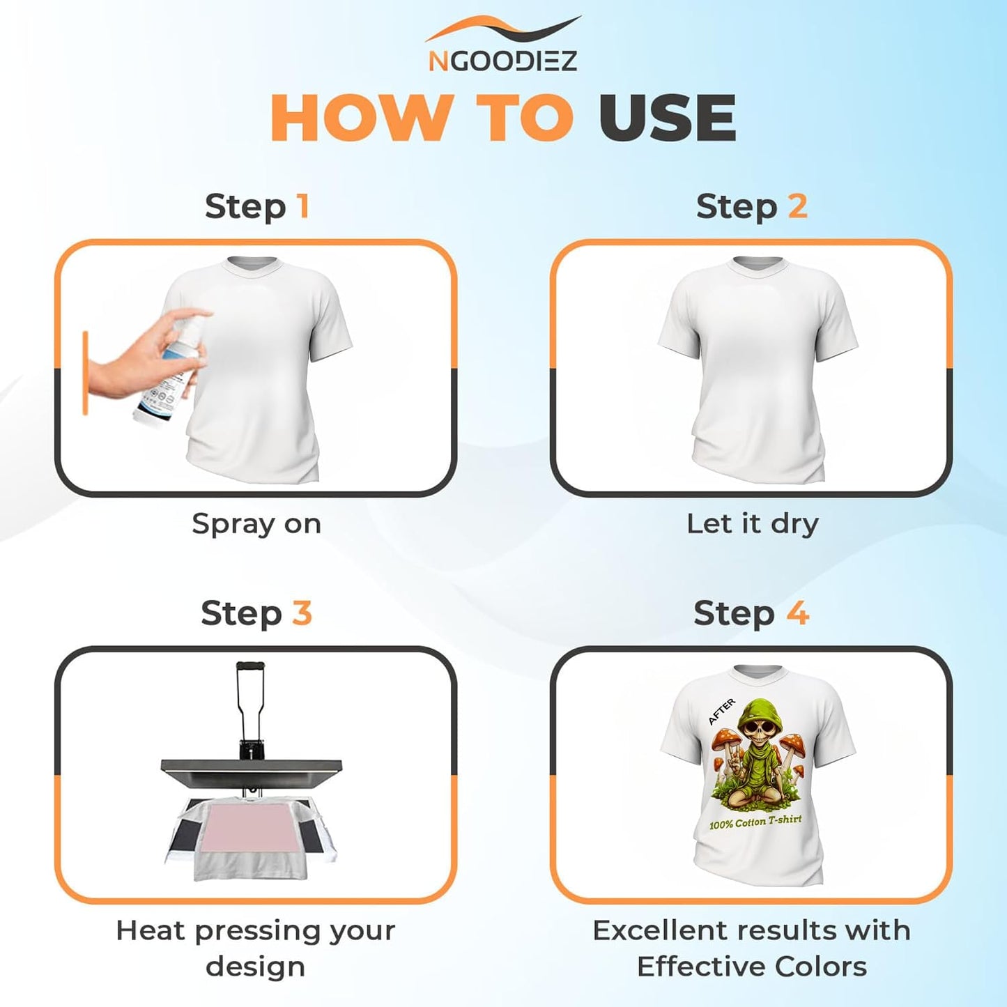 NGOODIEZ Sublimation Spray for Cotton T-Shirts & Polyester | Complete Kit with Pro Guide | Sublimation Coating Spray for All Materials | Quick Dry, Anti-Fade, Washable, One Step Application (250ml)