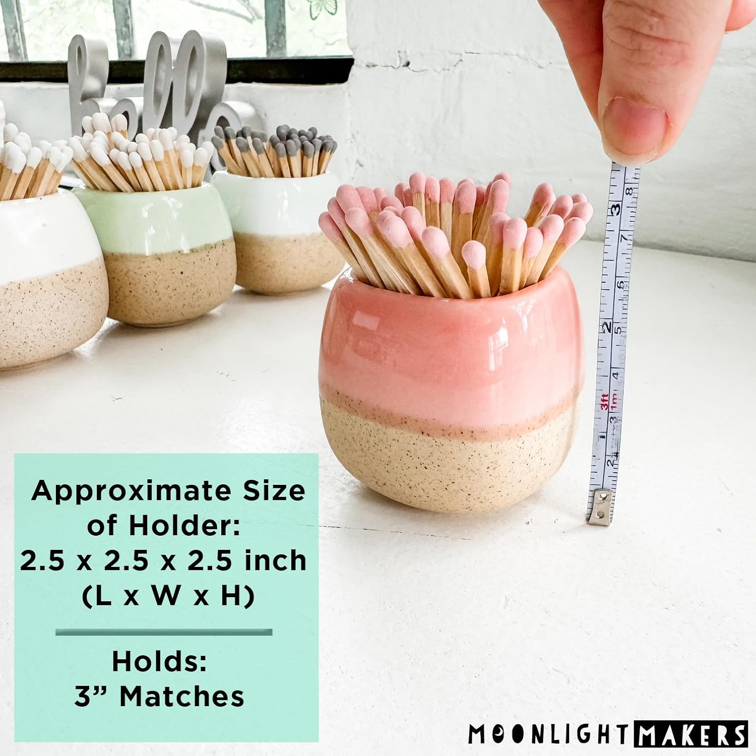 Moonlight Makers Decorative Match Holder with Striker (Pink), 50 Matches Included, Ceramic Matches Holder, Matches in a Jar with Striker, Cute Home Decor, Sweet Gift for Her