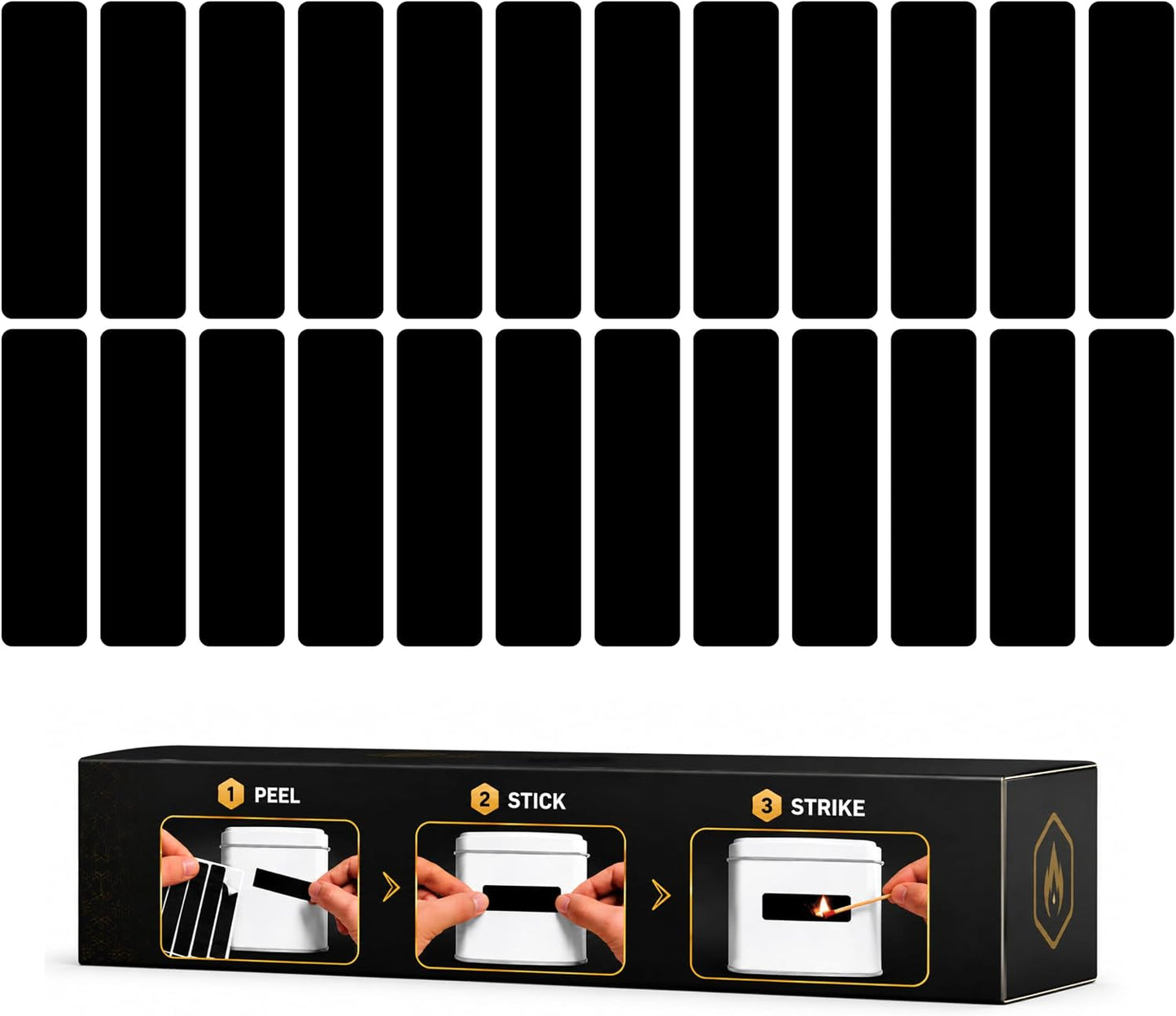 24 Count Sheet of Color Adhesive Match Striker Strip Stickers (2" x 1/2") | Replacement Stryker Stricker for Safety Matches | Peel & Stick Flint Lighter Pad for Craft Wooden Mach Book (Black)