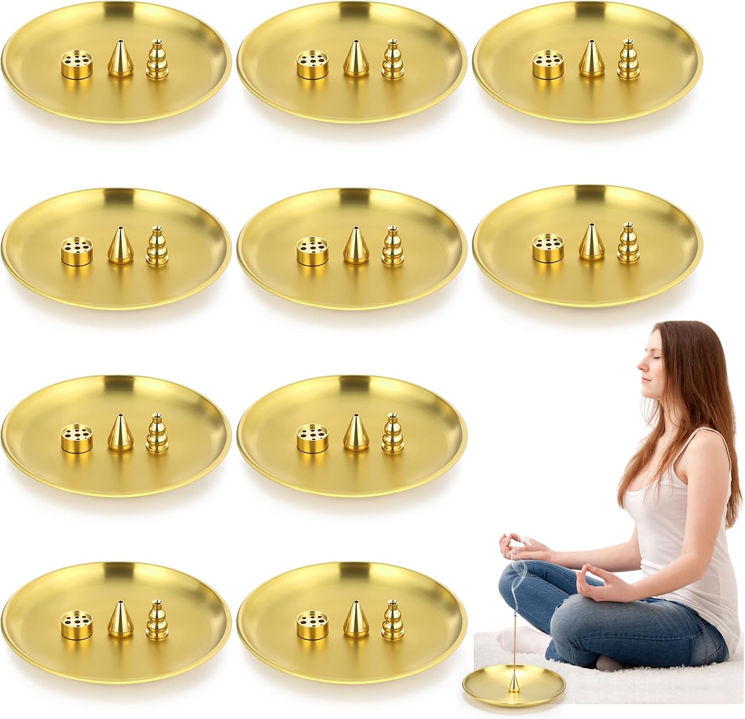 Baderke 12 Set 4 in 1 Incense Burner 5.5 Inch Brass Incense Holder for Sticks Coil Cones Brass Ash Catcher for Meditation Yoga Room, Home Fragrance Decoration
