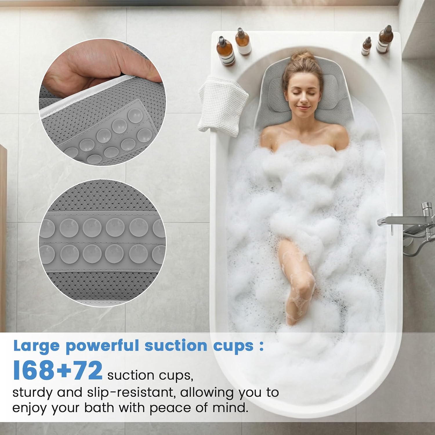 Upgraded Full Body Bathtub Pillow – 6D Air Mesh Bathtub Cushion with 168 Suction Cups for Neck, Back & Shoulder Support – Thick Quick-Dry Mesh Foam for Home Bathtub