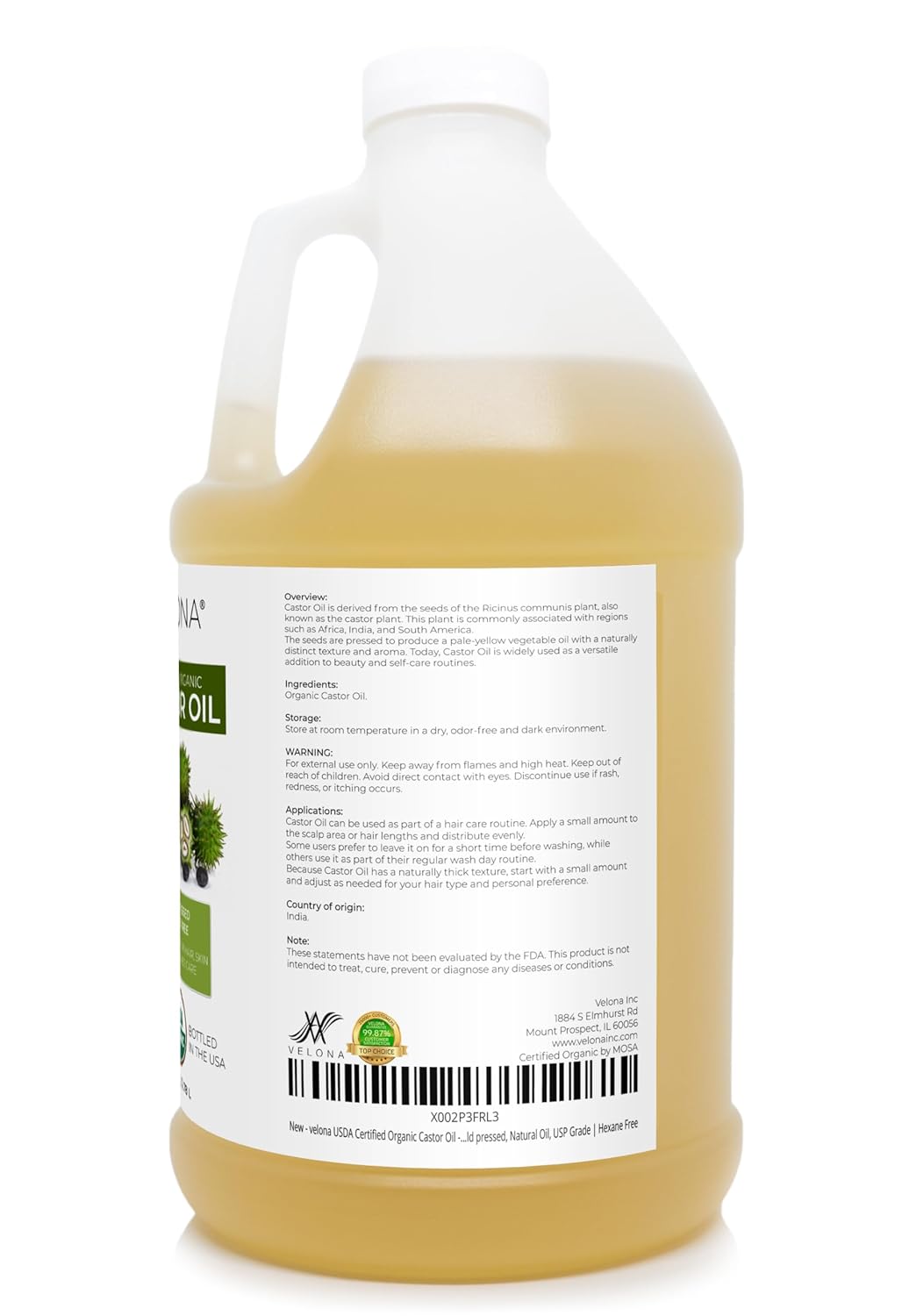 velona USDA Certified Organic Castor Oil - 1 Gallon / 128 Fl Oz | For Hair, Boost Eyelashes, Eyebrows | Cold pressed, Natural Oil, USP Grade | Hexane Free