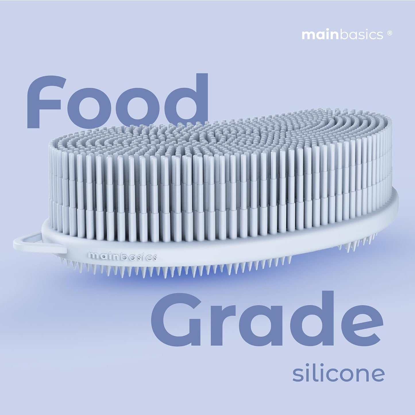MainBasics Silicone Body Scrubber - Dual-Sided Shower Exfoliator for Men & Women, Gentle Silicone Loofah Alternative for Deep Clean (Frosted Sky, Exfoliate)