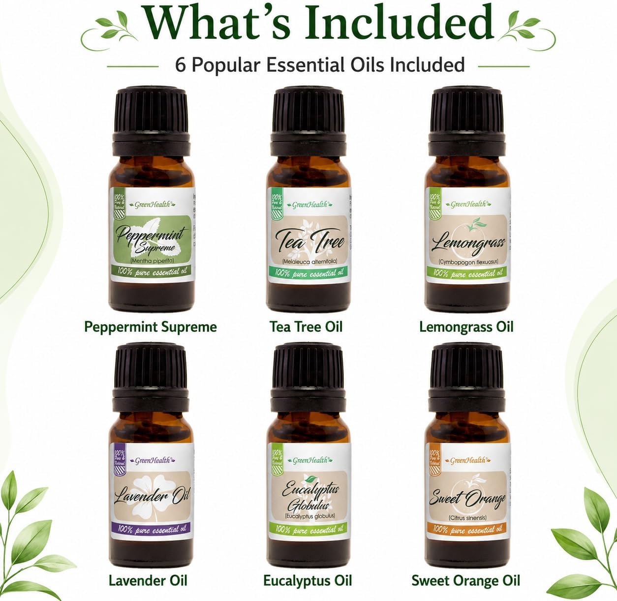 GreenHealth Top 6 Essential Oil Gift Set – 100% Pure Therapeutic Grade – Lavender, Tea Tree, Eucalyptus, Lemongrass, Sweet Orange, Peppermint – Aromatherapy & Diffuser Oils 6x10ml