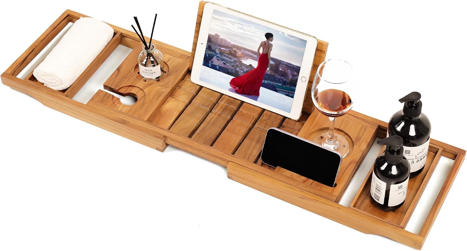 Expandable Teak Bathtub Tray - Luxury Wooden Bath Caddy & Tub Shelf, Over-The-Tub Bath Table with Book & Wine Glass Holder, Waterproof Bathroom Organizer for Spa Experience