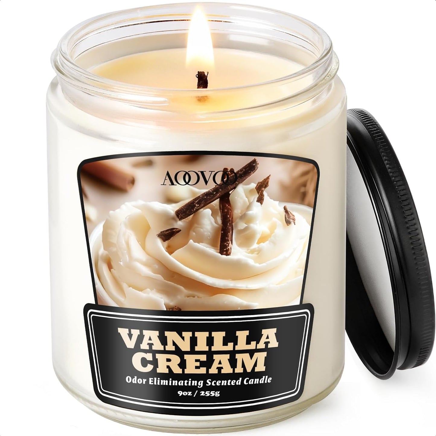 AOOVOO Vanilla Cream Odor Eliminating Candle - 9 oz Non Toxic Highly Fragranced Air Freshing Soy Candle, Eliminates 95% of Smoke, Pet, Food, and Other Smells Quickly, Up to 50 Hours Burn time