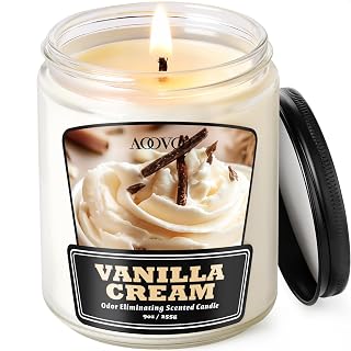 AOOVOO Vanilla Cream Odor Eliminating Candle - 9 oz Non Toxic Highly Fragranced Air Freshing Soy Candle, Eliminates 95% of Smoke, Pet, Food, and Other Smells Quickly, Up to 50 Hours Burn time