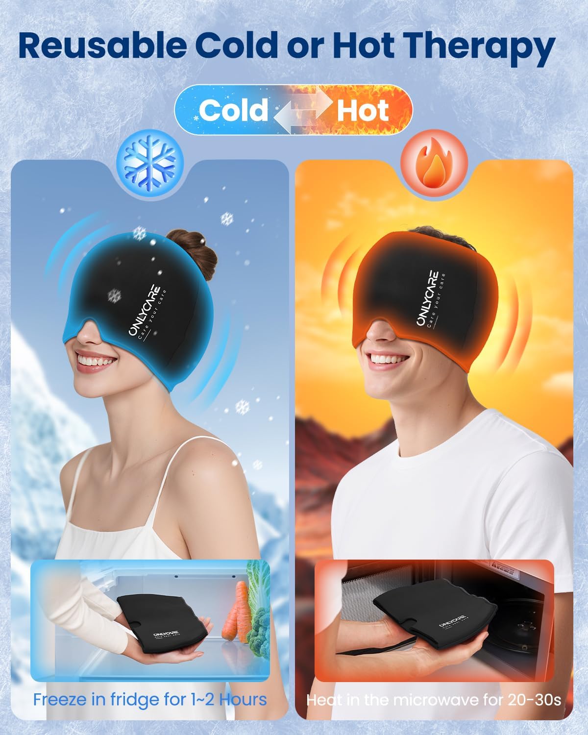 ONLYCARE Migraine Relief Cap, Upgraded Headache Relief Cap with Odorless Reusable Gel Head Wrap, Soothing Face Ice Pack Mask Products with Hot & Cold Therapy for Tension, Stress, Hangover & Puffy Eyes