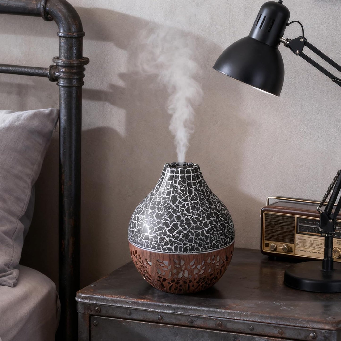 Essential Oil Diffuser, Mini Ultrasonic Air Diffuser Humidifier Luminous Hallow Silent Auto Shut Off USB Aromatherapy Diffuser for Home Office Spa (Black Crack Dark Wood Grain)
